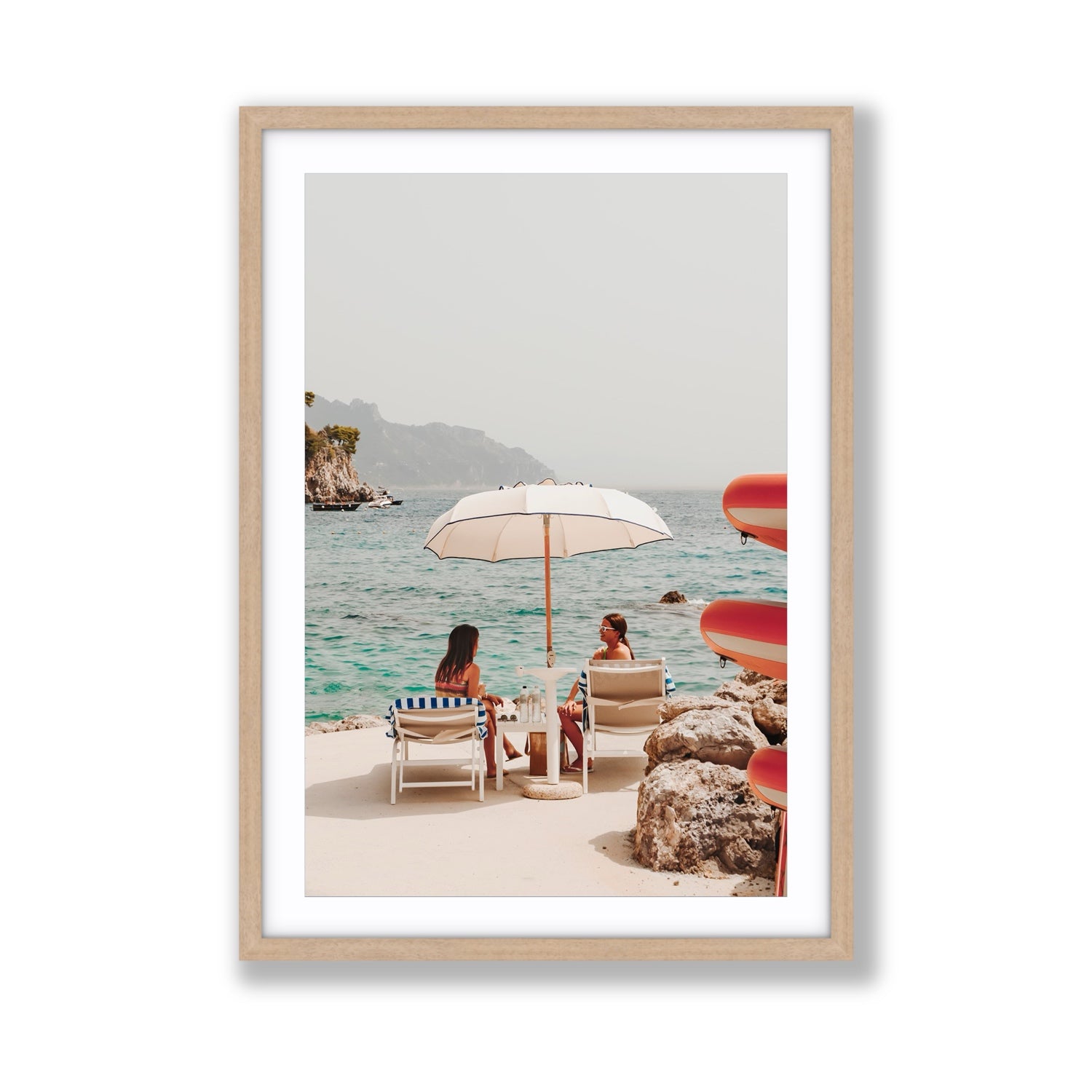 Salty Banter Amalfi Mediterranean wall art Giant fine art print in natural oak frame with matboard