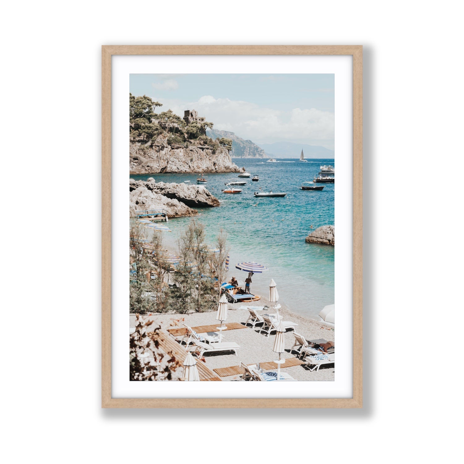 Sizzling Summer Days Amalfi coastal wall art Giant fine art print in natural oak frame with matboard