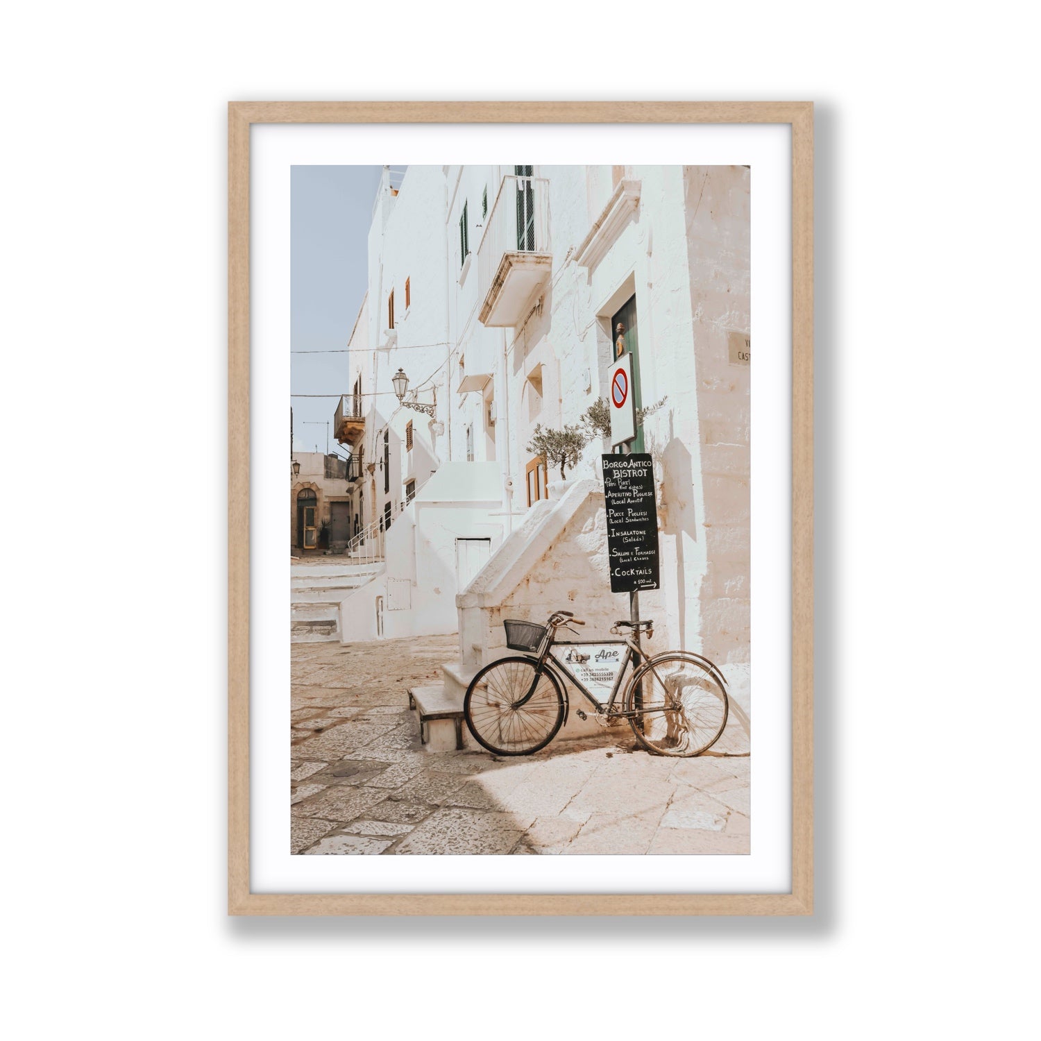 La Bicicletta Puglia Ostuni wall art Giant fine art print in natural oak frame with matboard