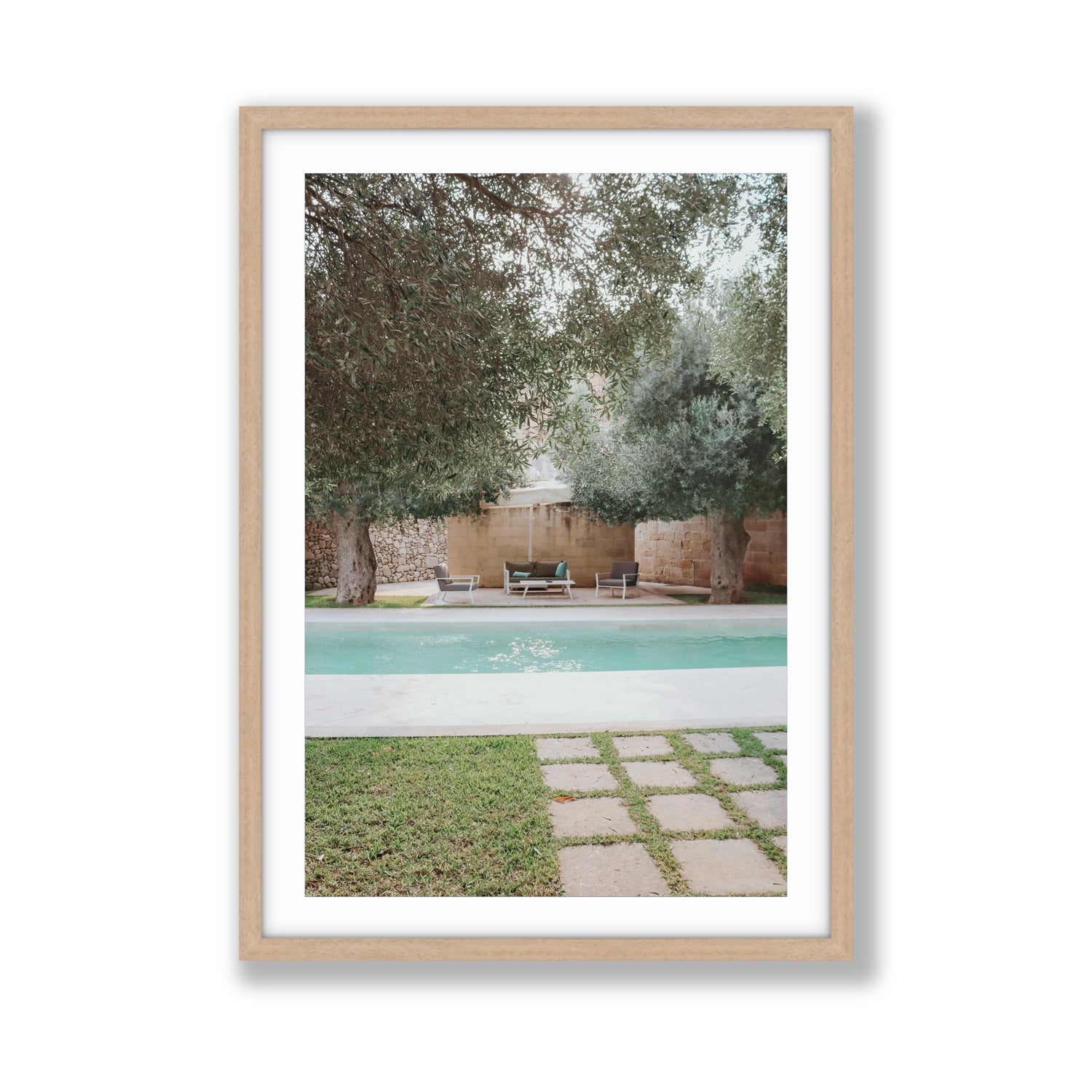 Idyllic Escape Puglia Mediterranean wall art Giant fine art print in natural oak frame with matboard