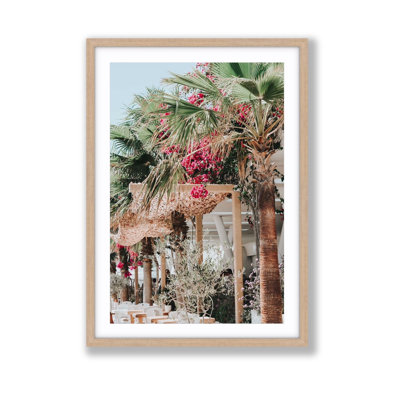 Palm Trees Mykonos Greek island wall art Giant fine art print in natural oak frame with matboard