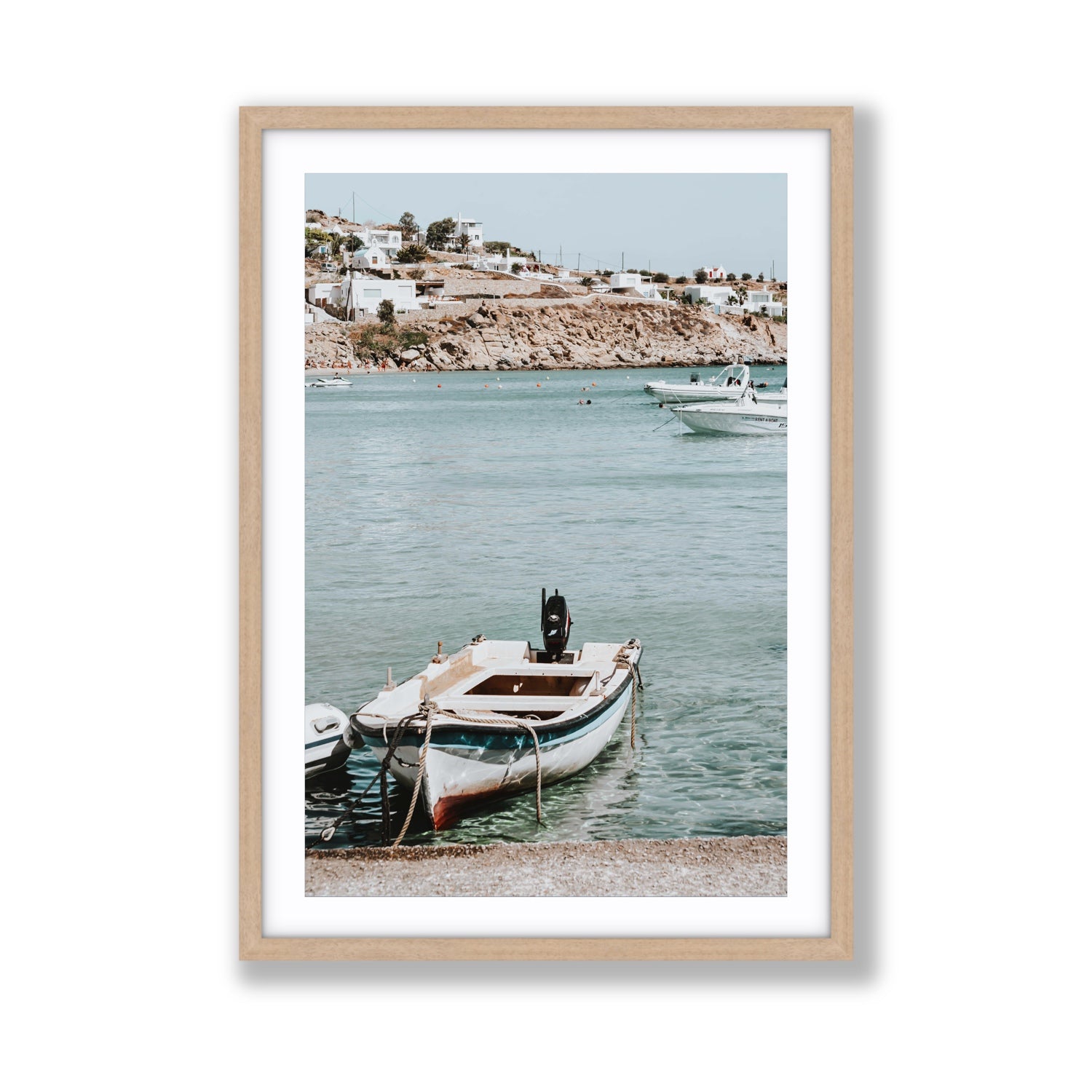 Classic Wheels Mykonos Greek island wall art Giant fine art print in natural oak frame with matboard