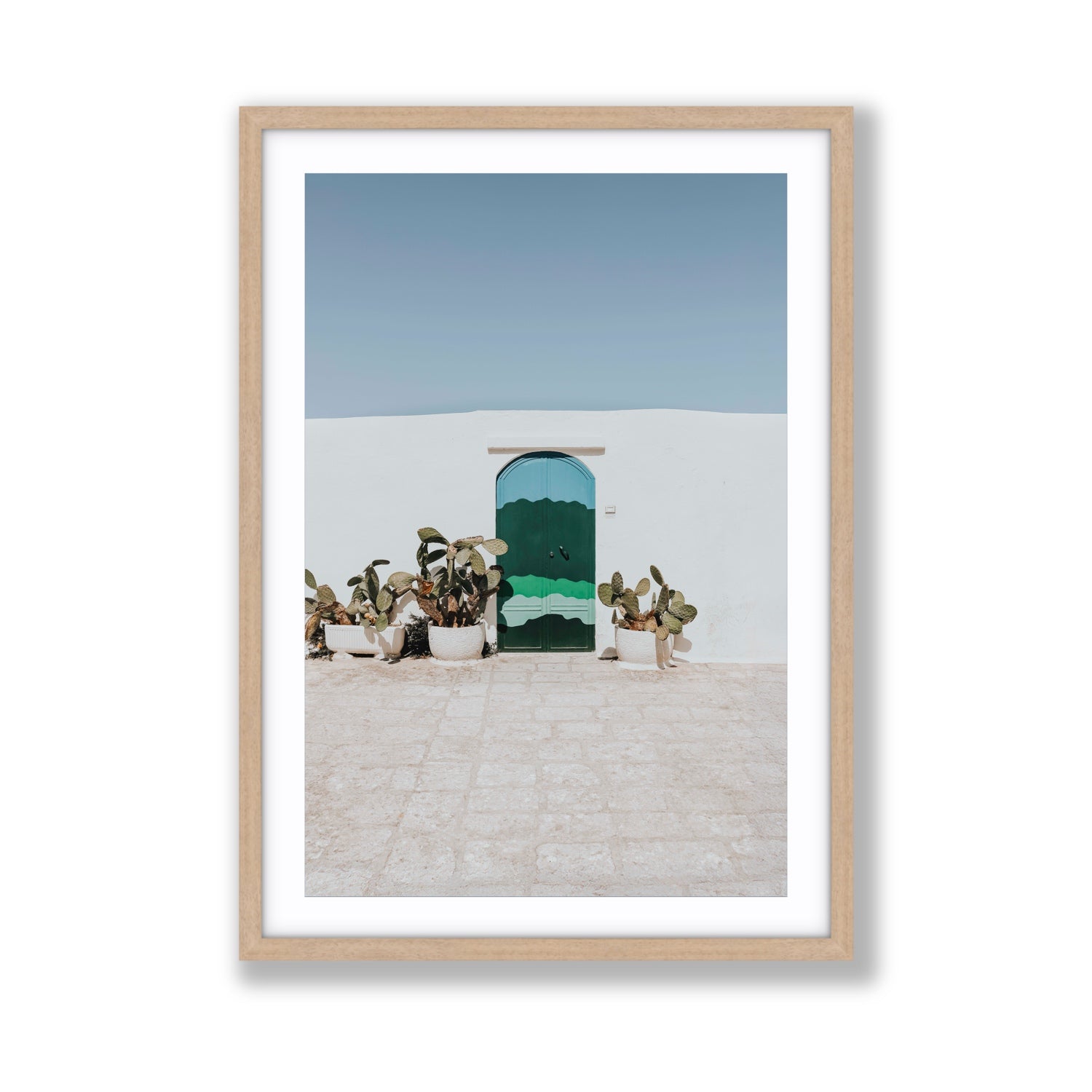 Imaginary Exit Puglia Mediterranean wall art Giant fine art print in natural oak frame with matboard