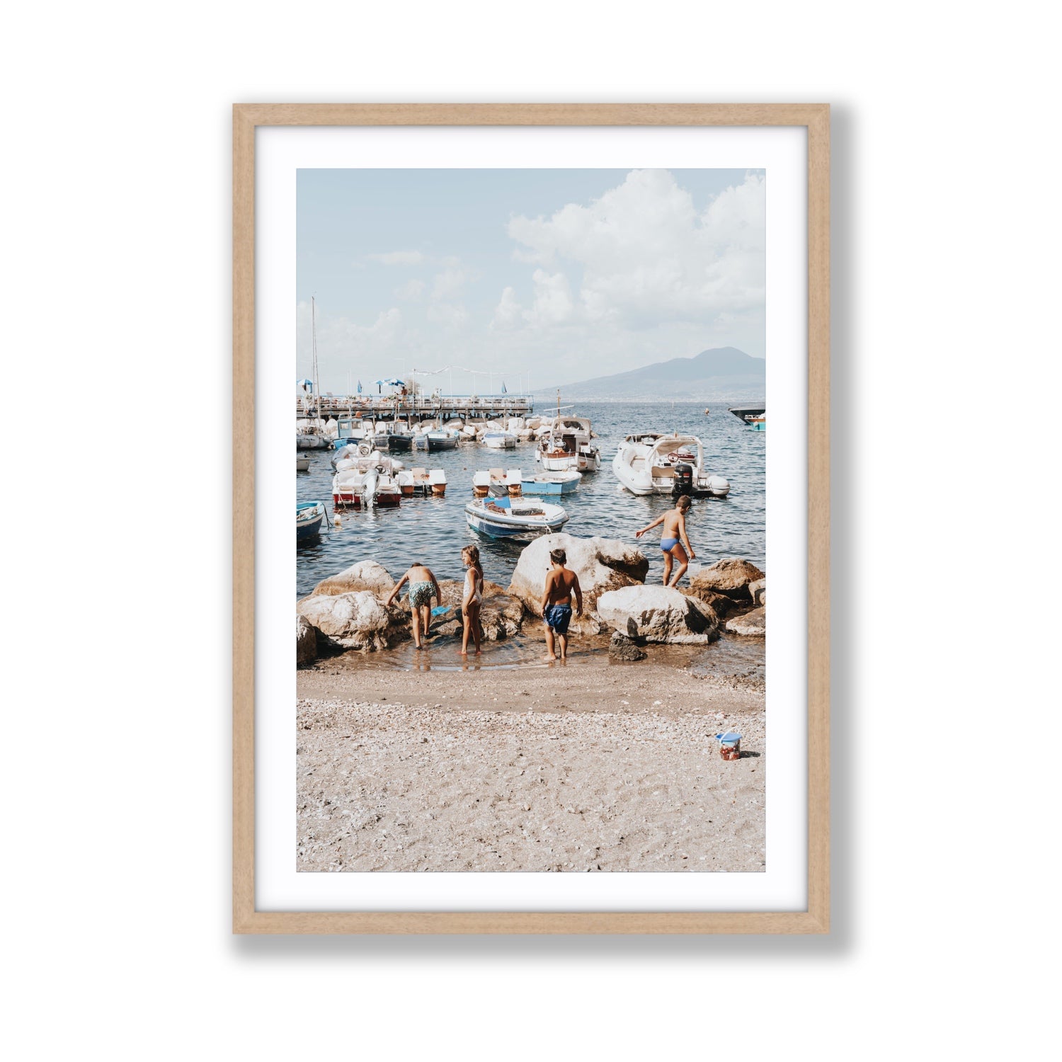 Searching For Treasures Sorrento coastal wall art Giant fine art print in natural oak frame with matboard