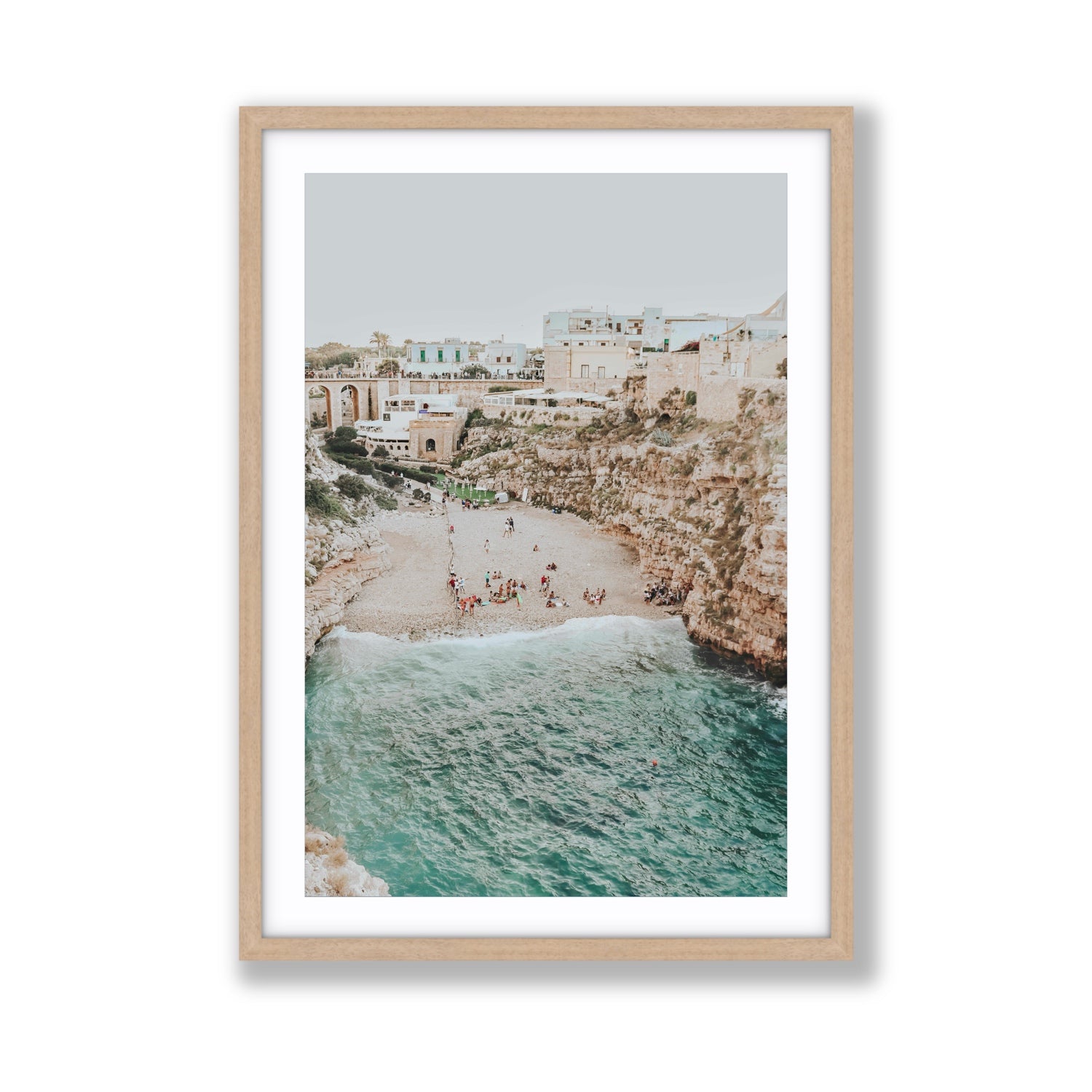 Polignano Vista Puglia coastal Italian beach fine art print Giant fine art print in natural oak frame with matboard
