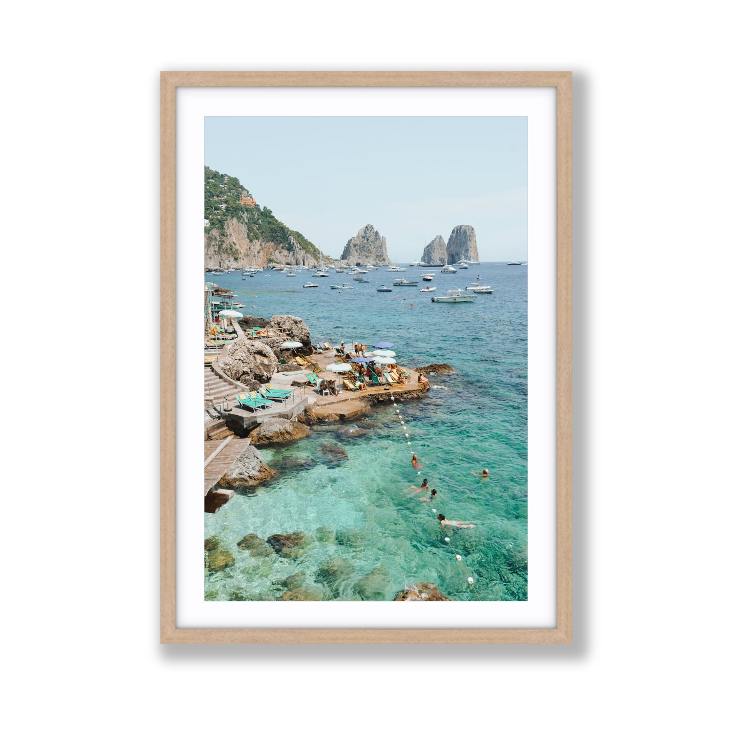 Summertime Blues Capri Mediterranean wall art Giant fine art print in natural oak frame with matboard