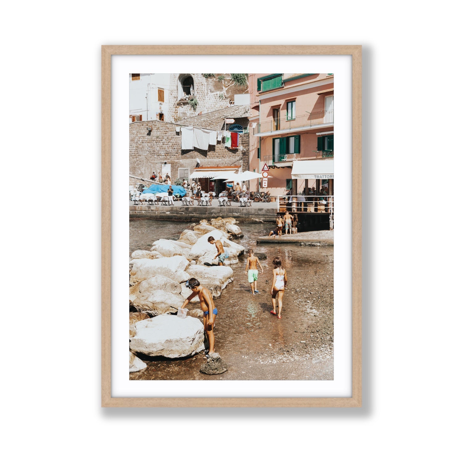 The Beachcombers Sorrento beach coastal wall art Giant fine art print in natural oak frame with matboard
