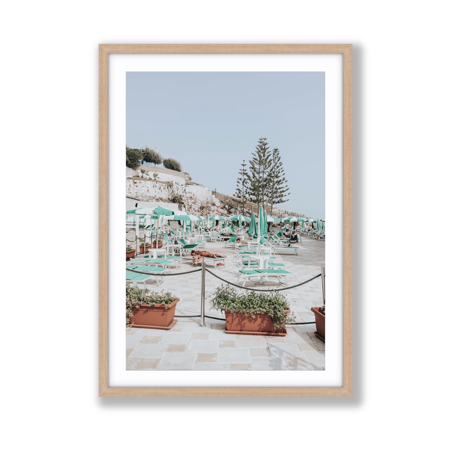 Siesta on The Terrace Puglia coastal wall art Giant fine art print in natural oak frame with matboard