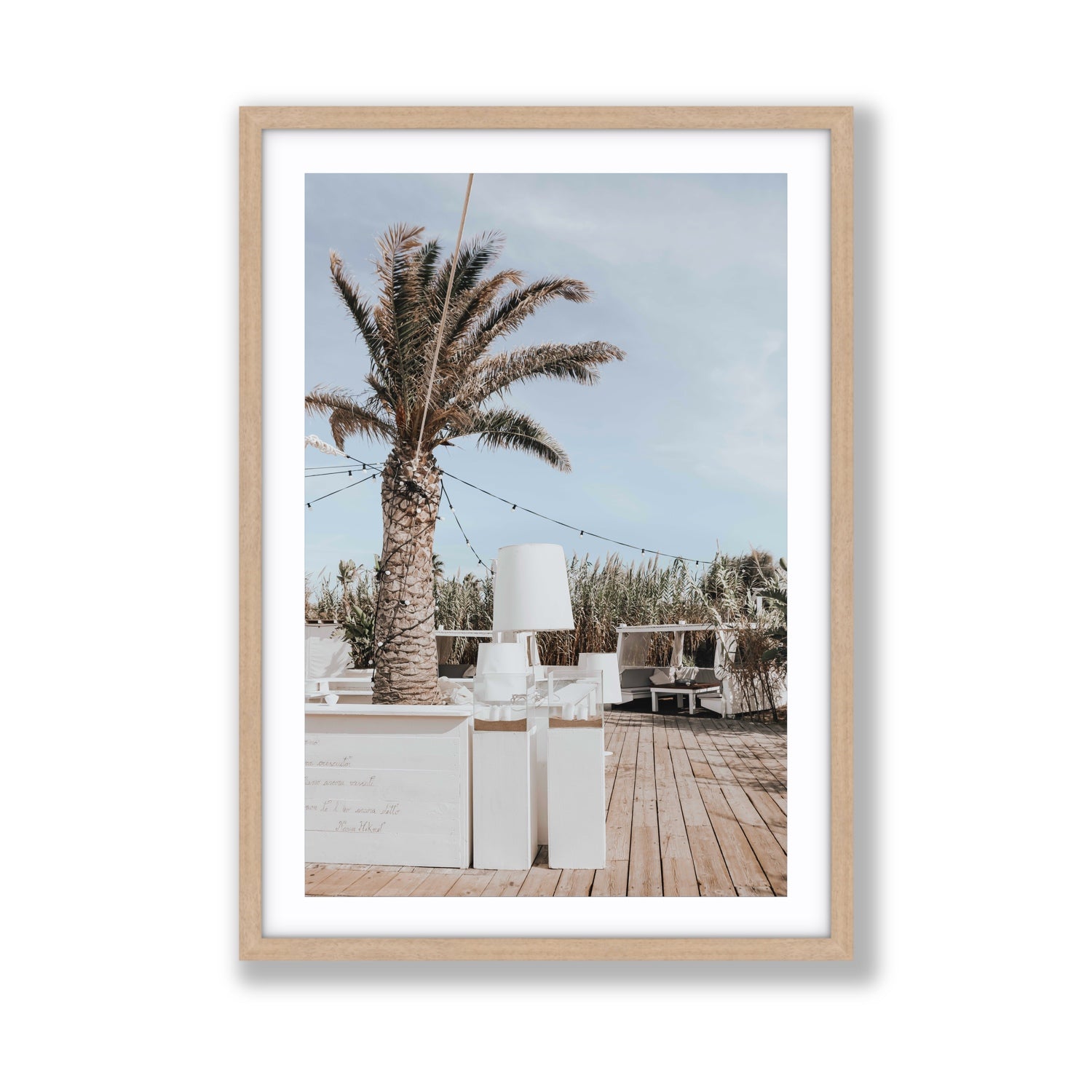 Seabreeze Palm Puglia coastal beach wall art Giant fine art print in natural oak frame with matboard