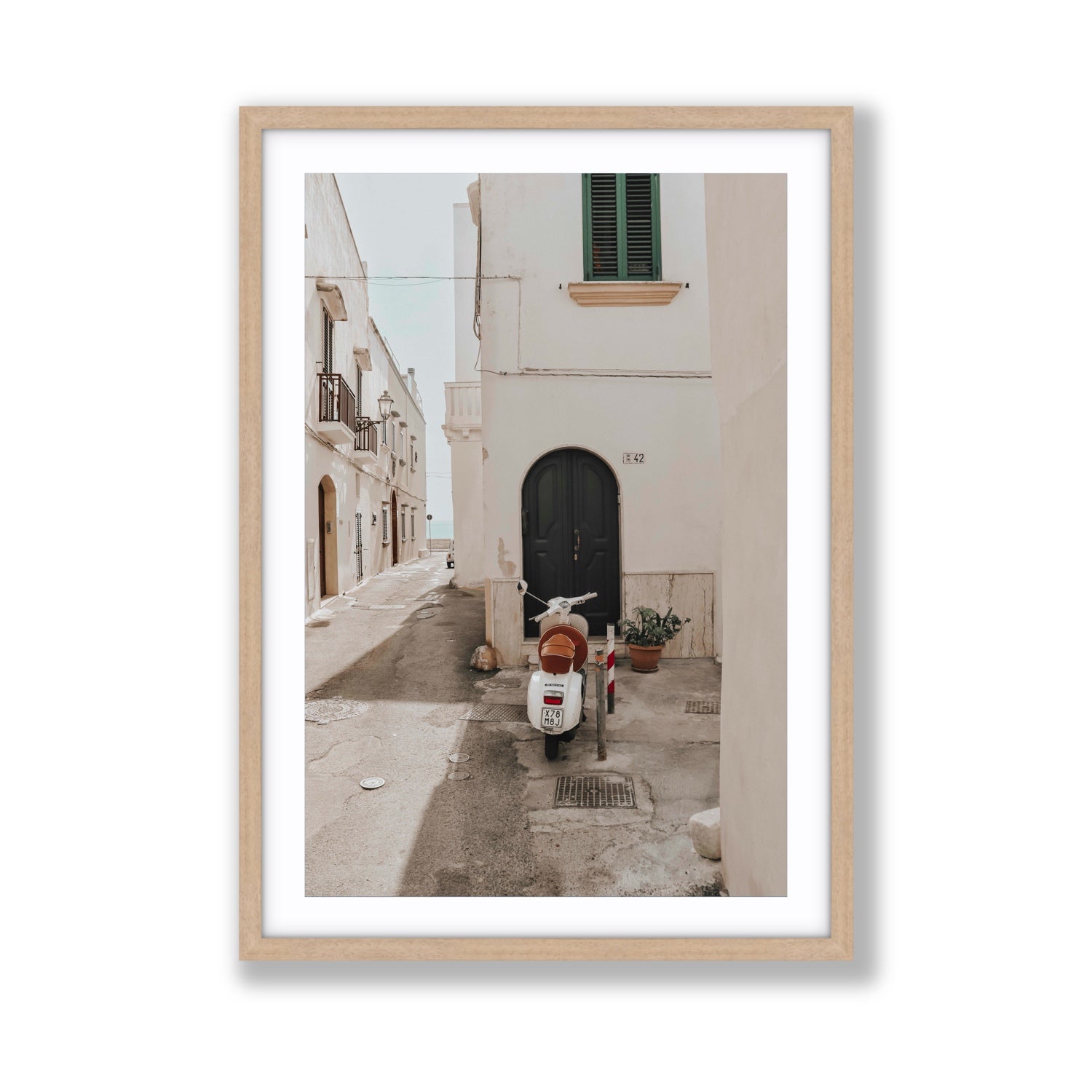 La Casa 42 Puglia Gallipoli Italian wall art Giant fine art print in natural oak frame with matboard