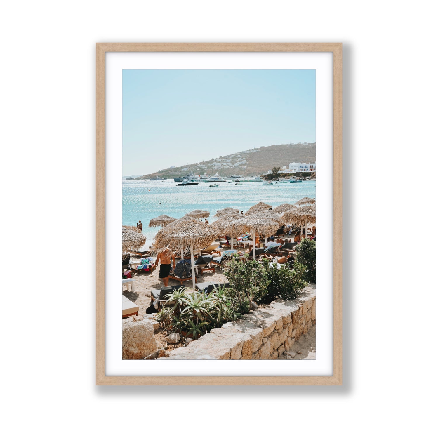 Beachside Huts Mykonos Greek island wall art Giant fine art print in natural oak frame with matboard