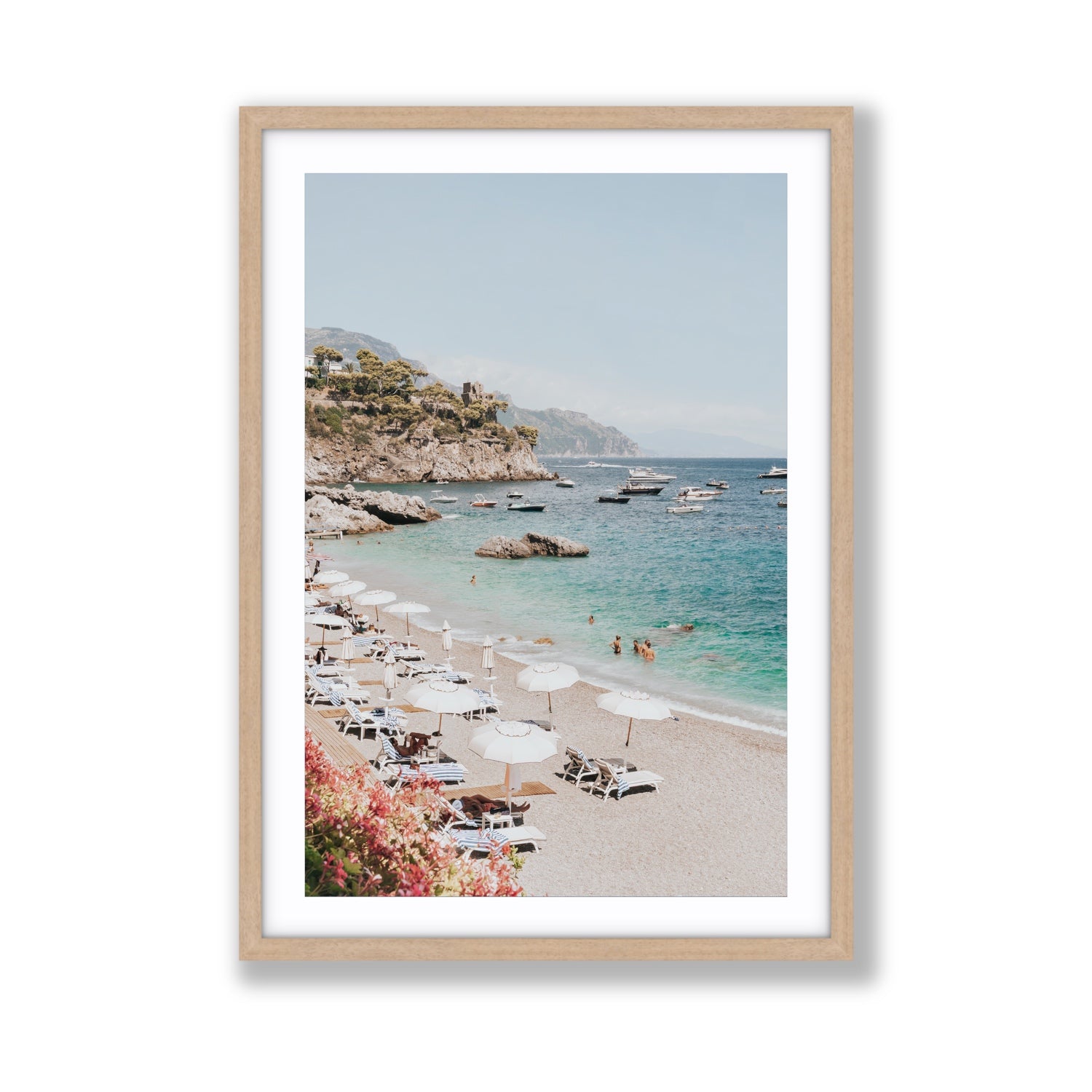 Seaview Refuge Amalfi coastal wall art giant fine art print in natural oak frame with matboard
