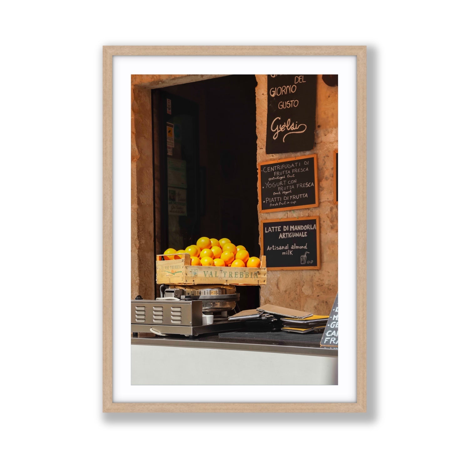 Luminous Citrus Puglia Ostuni Italian wall art Giant fine art print in natural oak frame with matboard