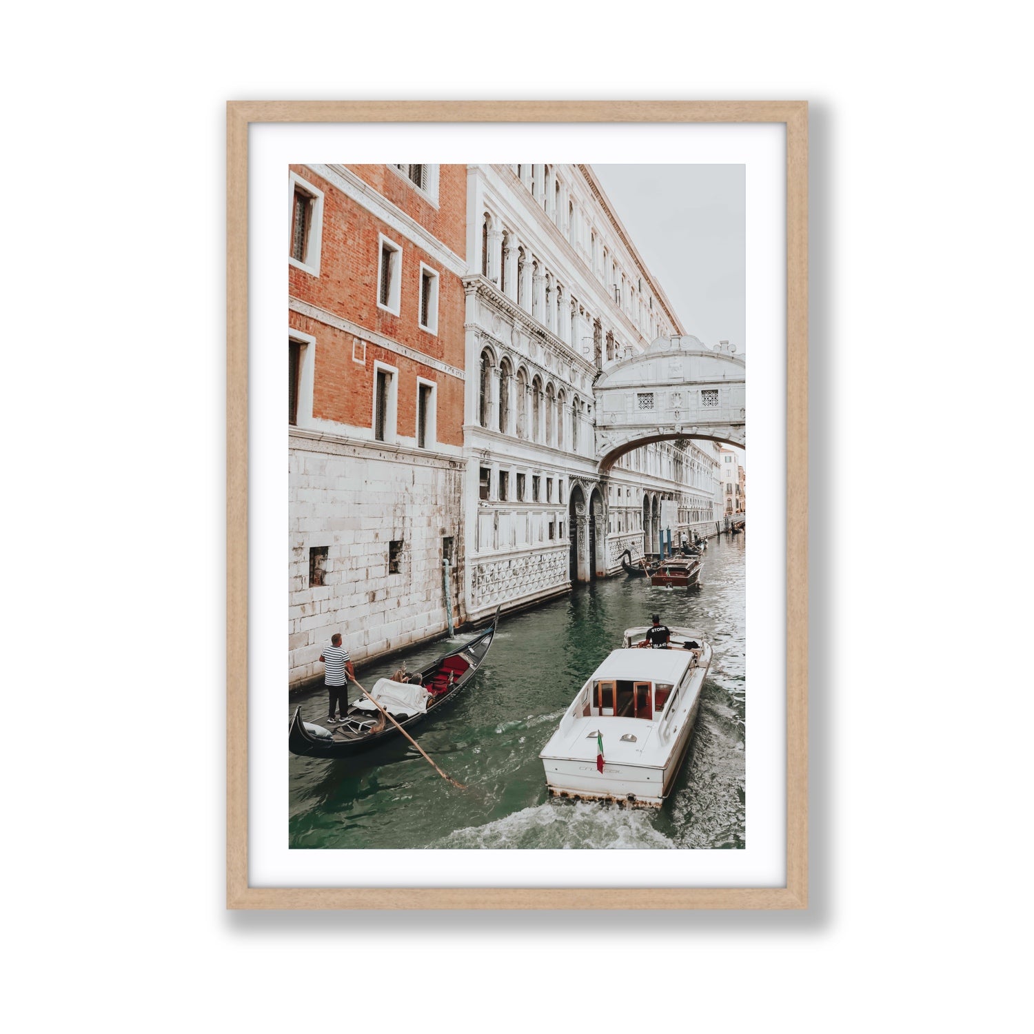 Under the Bridge Venice Gondola Italian wall art Giant fine art print in natural oak frame with matboard