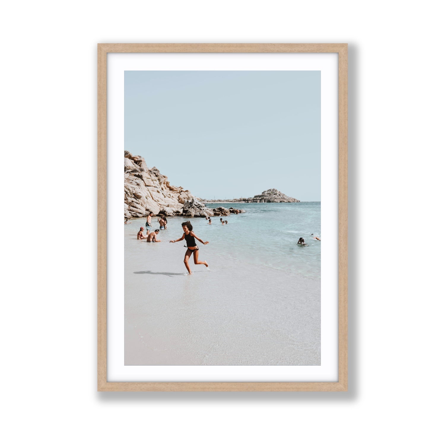 Skipping Angel Mykonos Greek island decor wall art Giant fine art print in natural oak frame with matboard