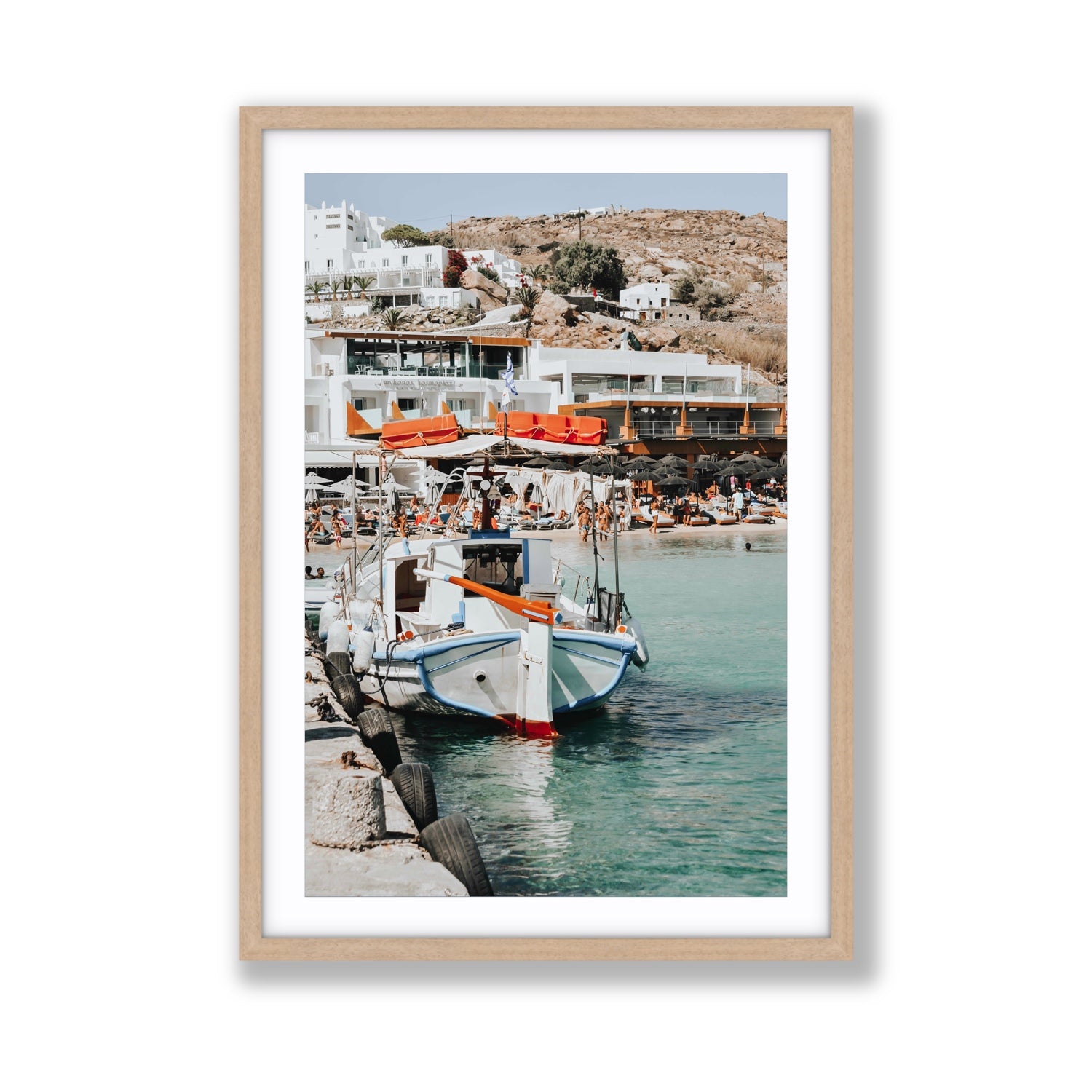 Travel In Style Mykonos Greek island wall art Giant fine art print in natural oak frame with matboard