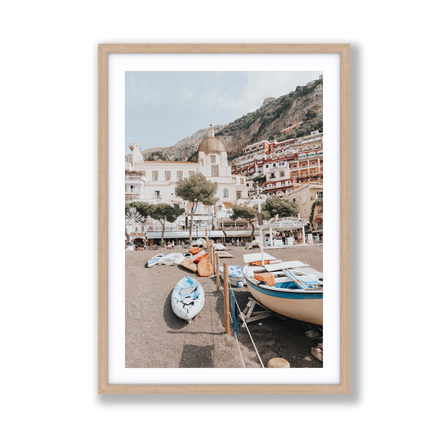 Seaside Hues Positano wall art Giant fine art print in natural oak frame with matboard