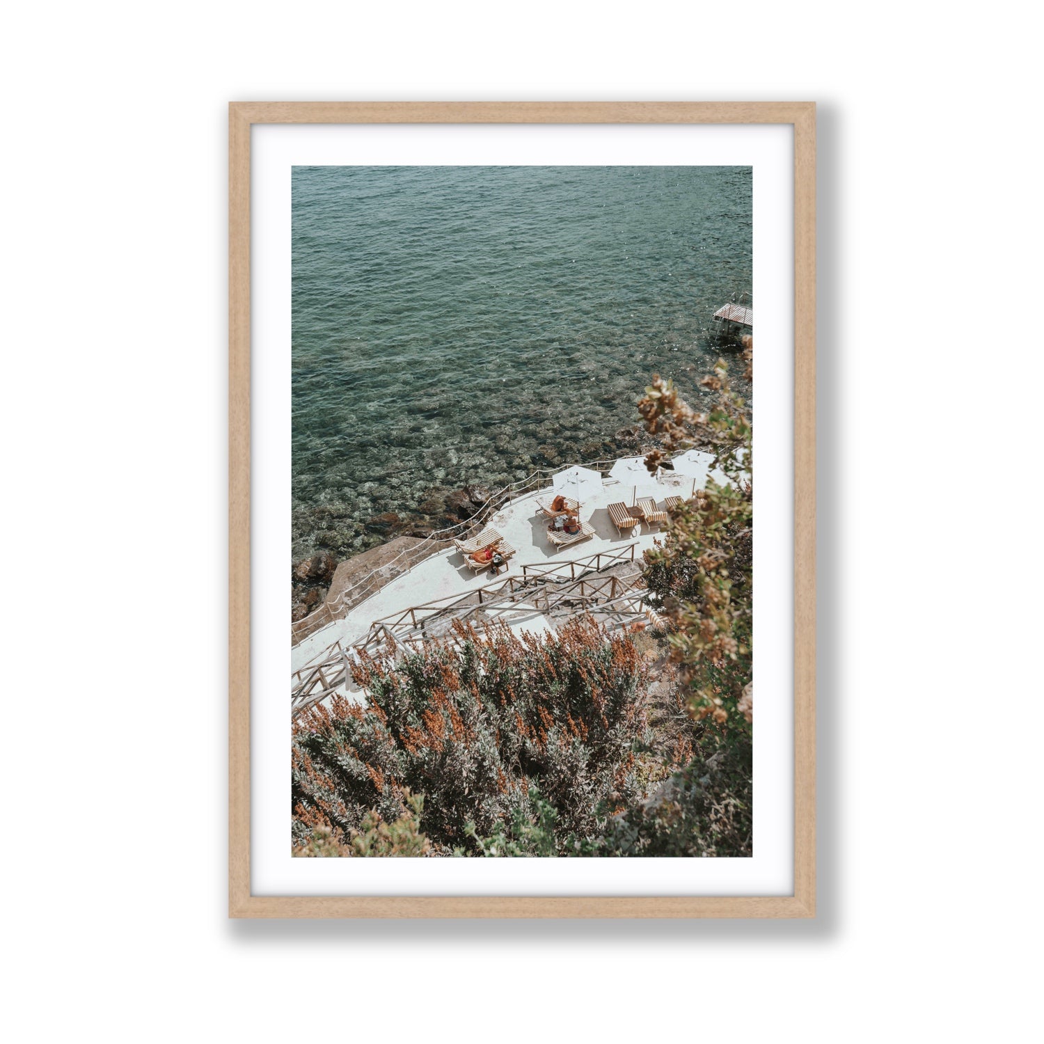 Hidden Gem Tuscany coastal wall art Giant fine art print in natural oak frame with matboard