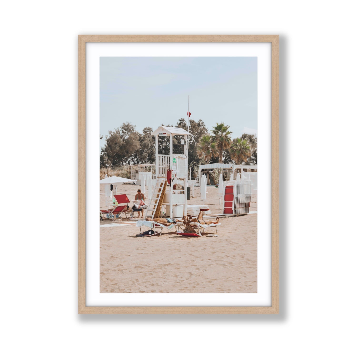 Red Lounge Reverie Puglia beach coastal wall art Giant fine art print in natural oak frame with matboard