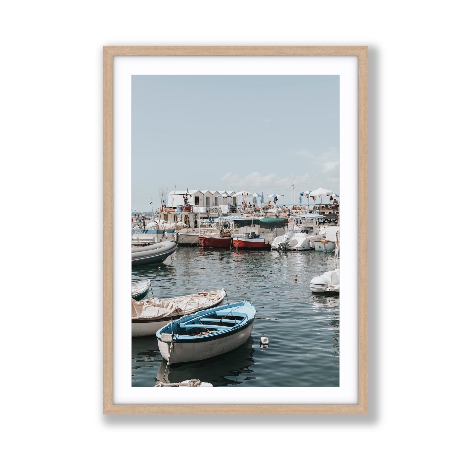 Harbour Hues Sorrento coastal Carousel wall art Giant fine art print in natural oak frame with matboard