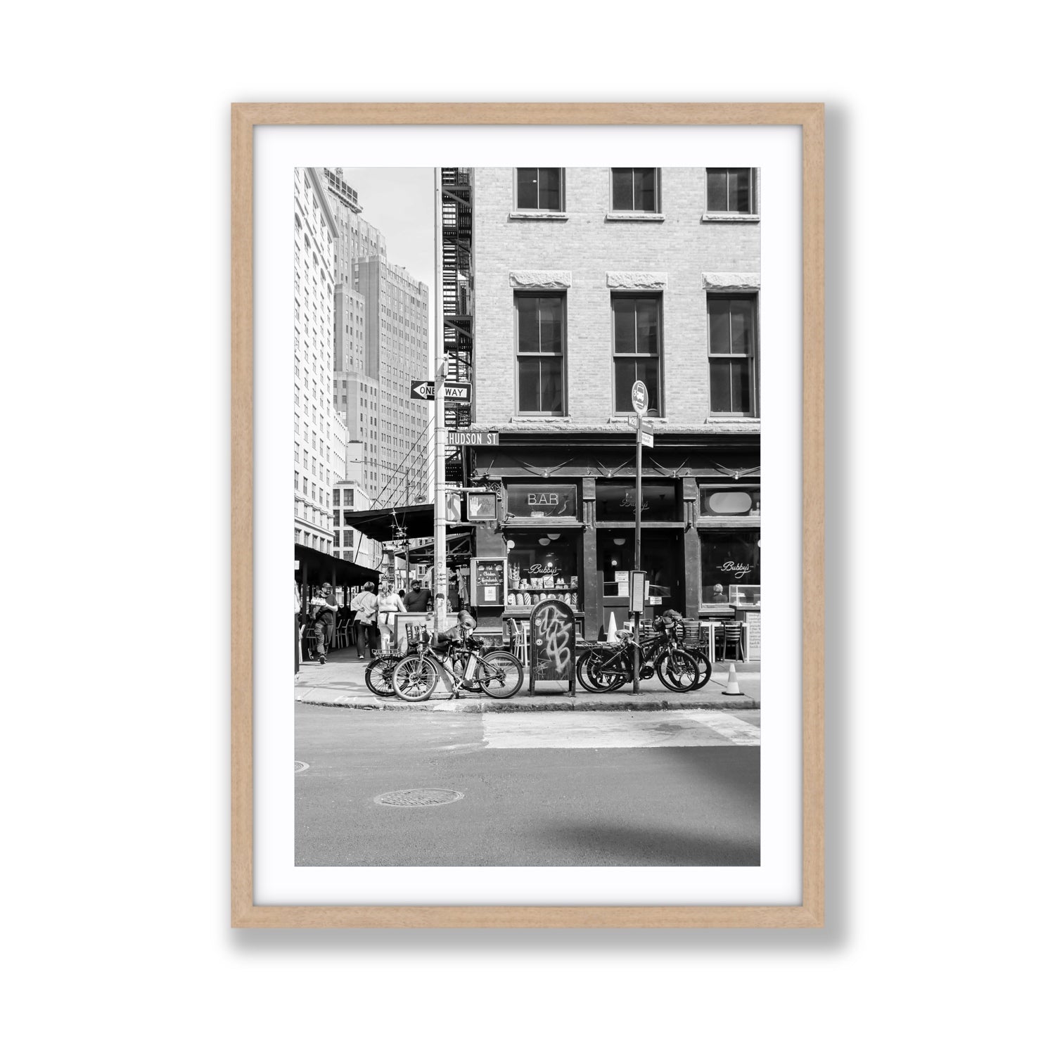Bites Of The Big Apple New York NYC Black & White wall art Giant fine art print in natural oak frame with matboard