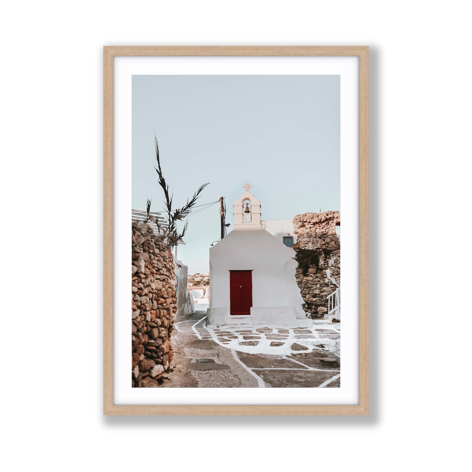 Little Chapel Mykonos Greek island wall art Giant fine art print in natural oak frame with matboard