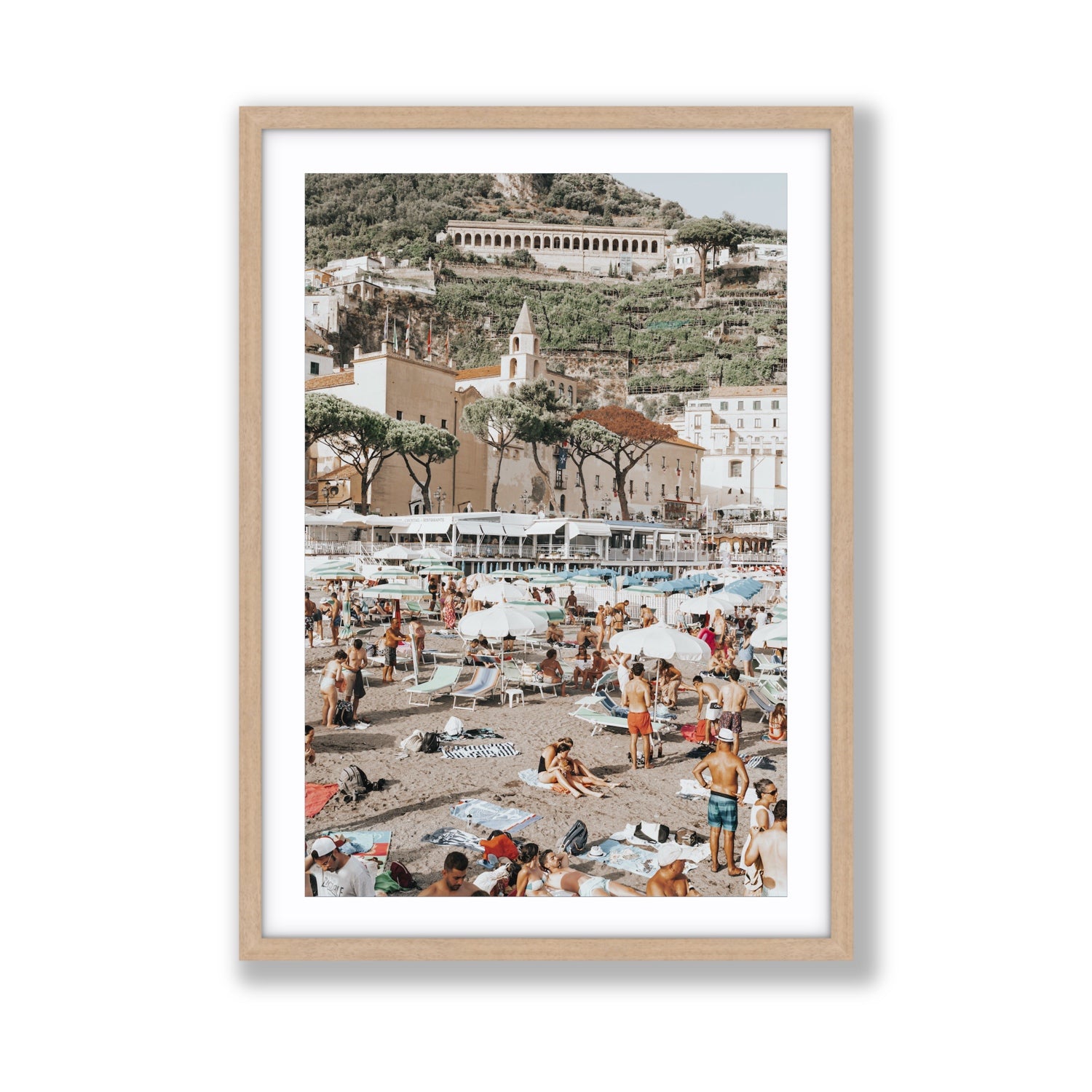 Festa In Spiaggia Amalfi coastal wall art Giant fine art print in natural oak frame with matboard