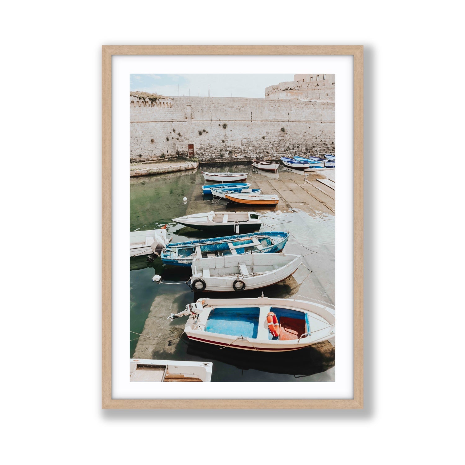 Harbour Palette Puglia coastal photography wall art Giant fine art print in natural oak frame with matboard