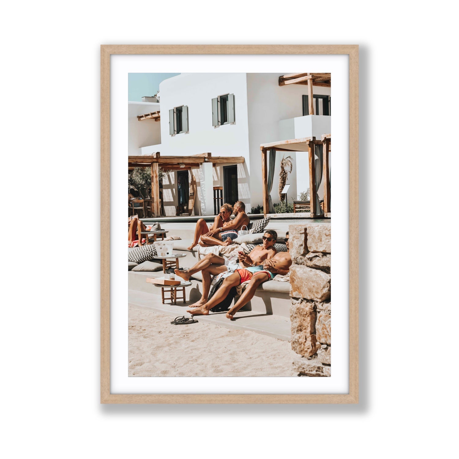 Style That Sizzles Mykonos Greek island wall art Giant fine art print in natural oak frame with matboard