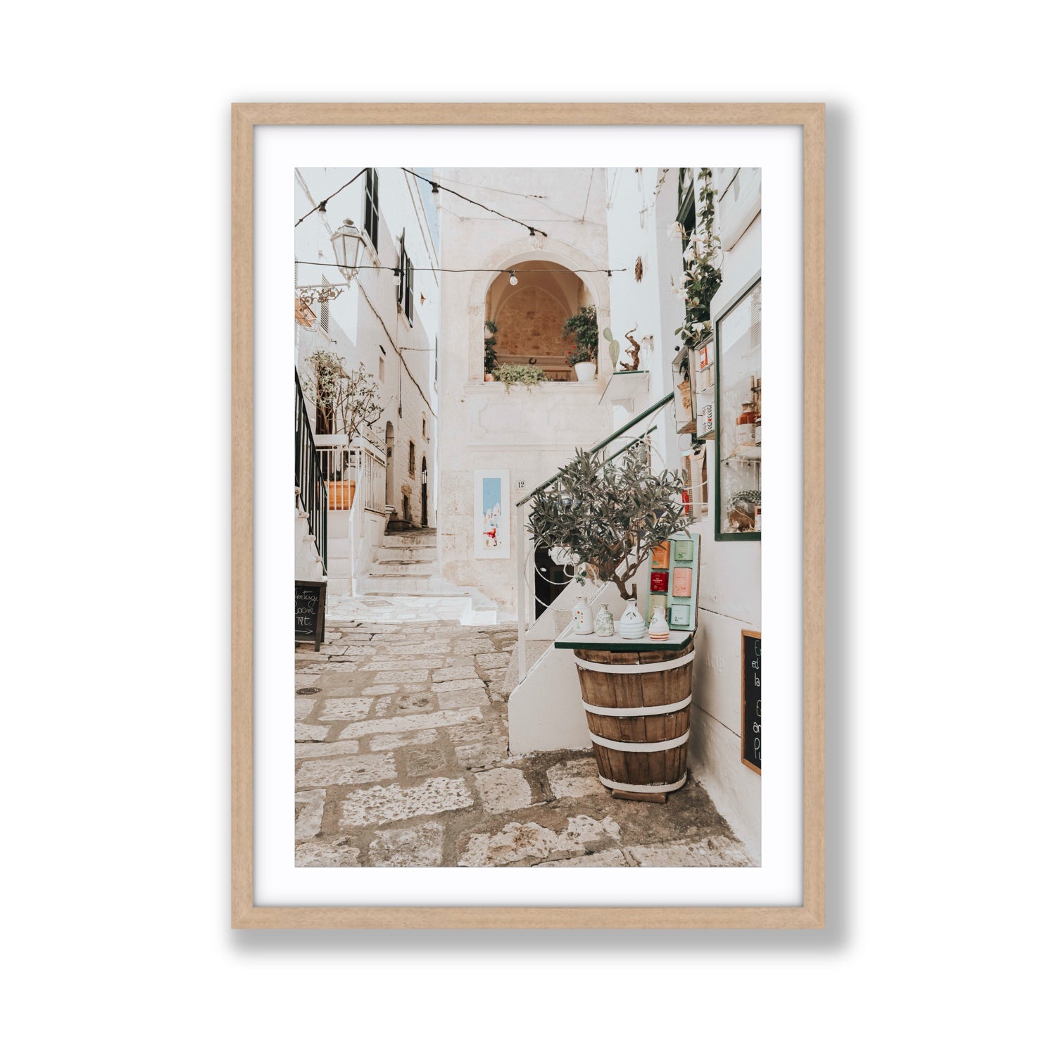 Olive Tree Lane Puglia Ostuni Mediterranean decor wall art Giant fine art print in natural oak frame with matboard