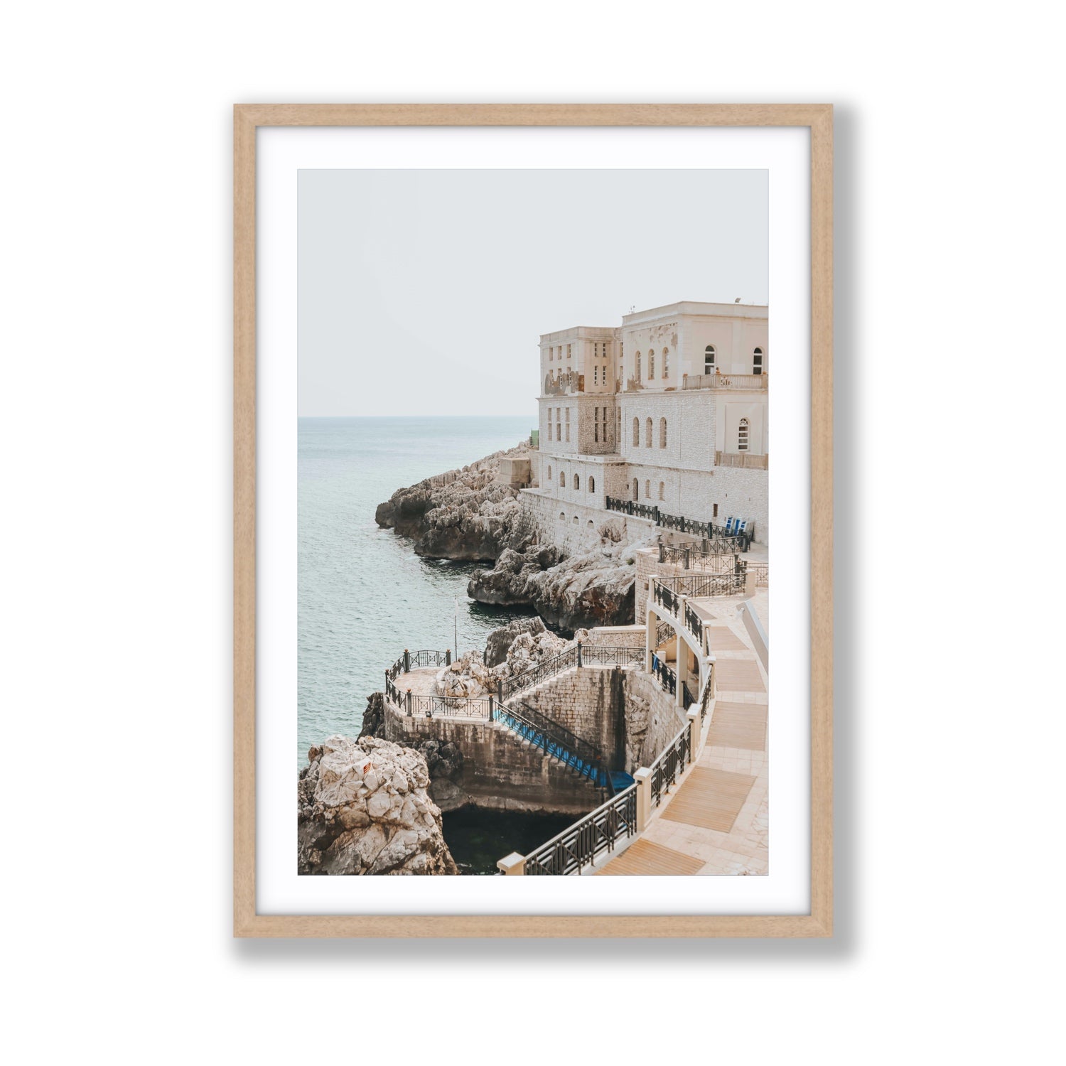 Santa Cesarea Puglia Italian coastal wall art Giant fine art print in natural oak frame with matboard