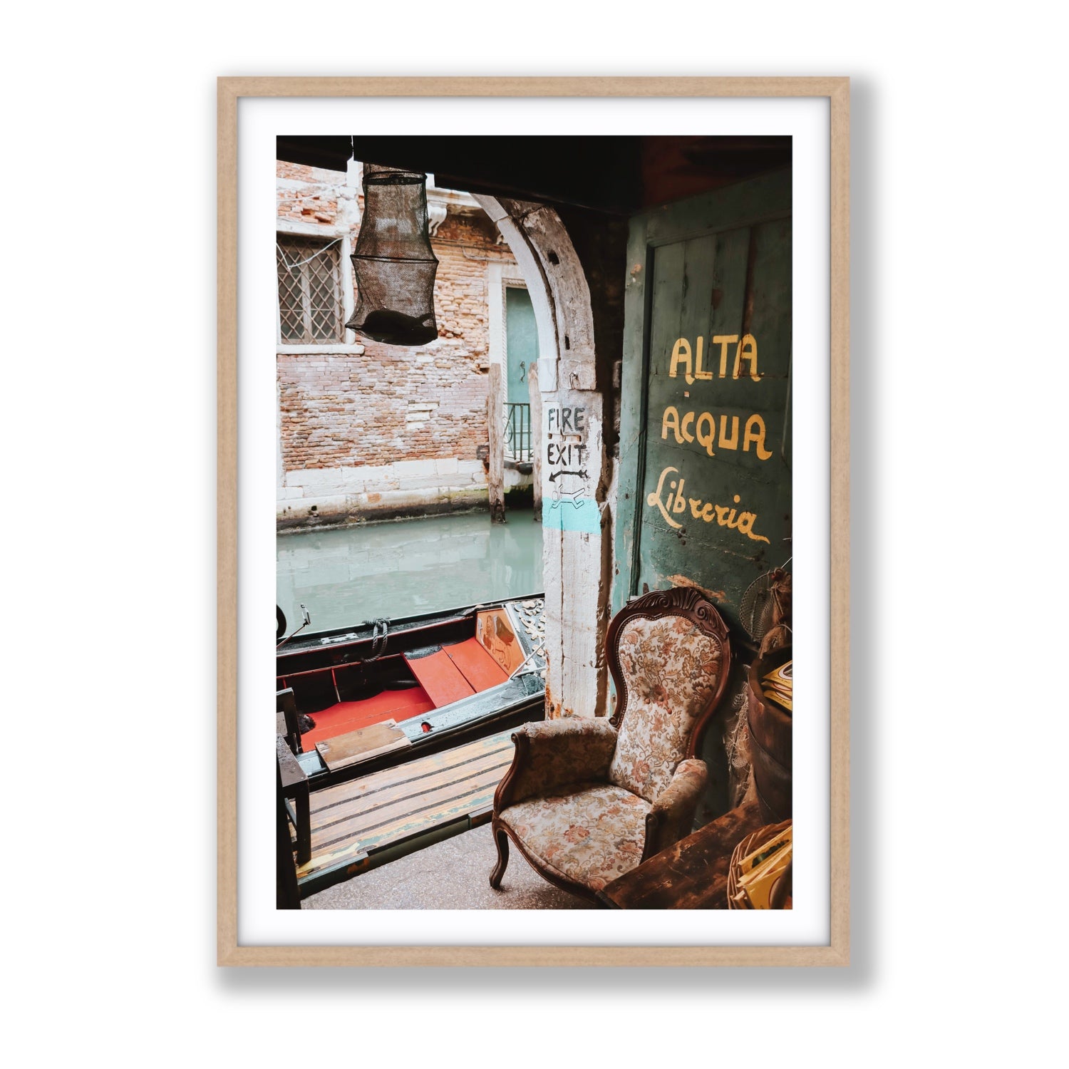 Alta Acqua Venice Bookstore wall art Gallery fine art print in natural oak frame with matboard