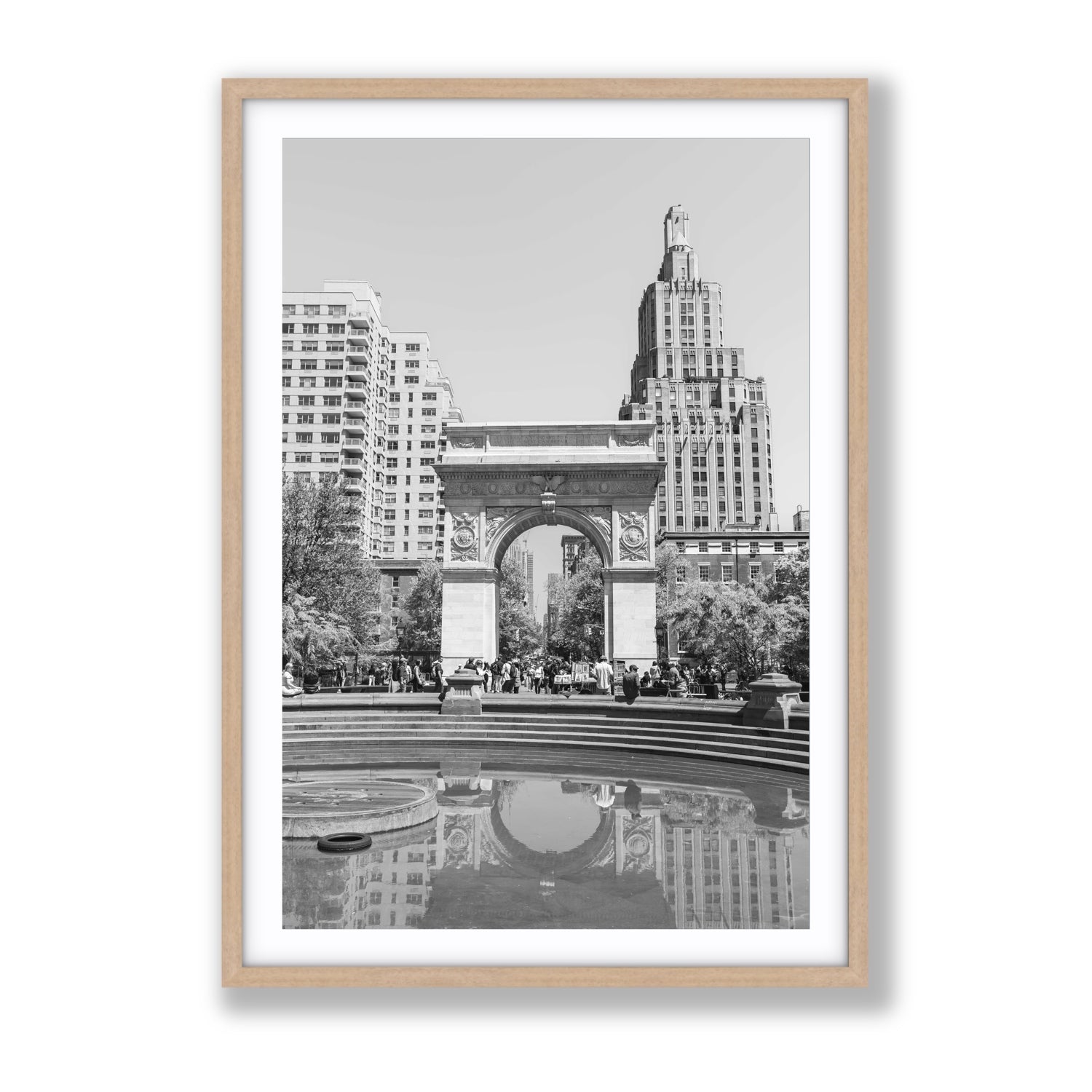 Washington Skyline New York NYC Black & White wall art Gallery fine art print in natural oak frame with matboard