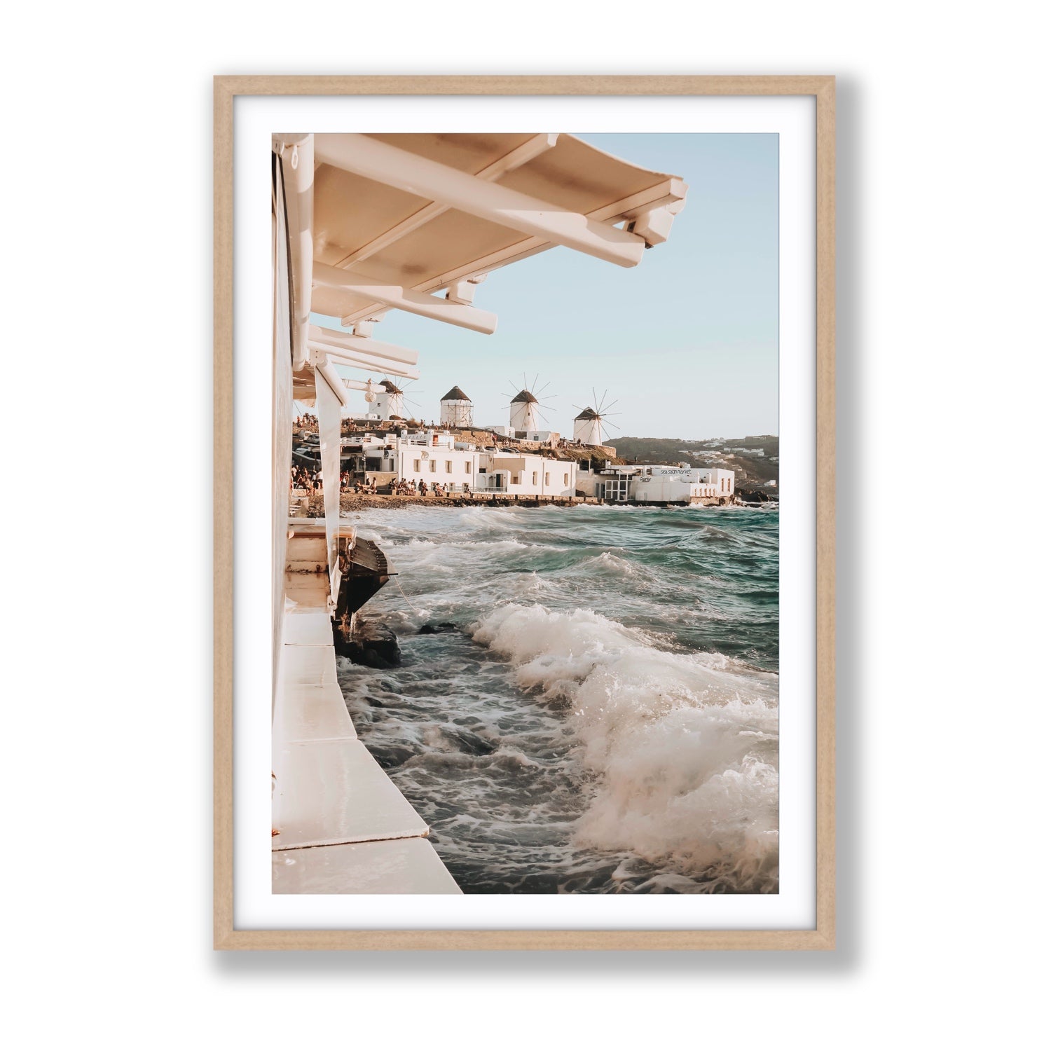 Windmills Mykonos Greek island wall art Gallery fine art print in natural oak frame with matboard