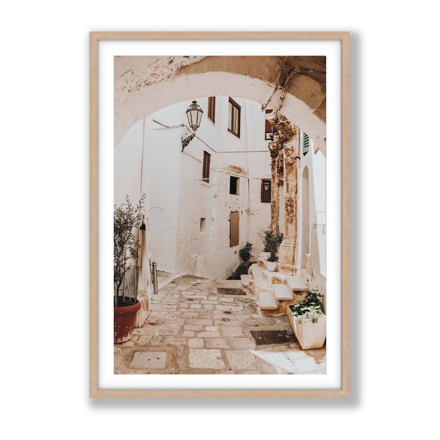 Pathway Wander Puglia Ostuni wall art Gallery fine art print in natural oak frame with matboard
