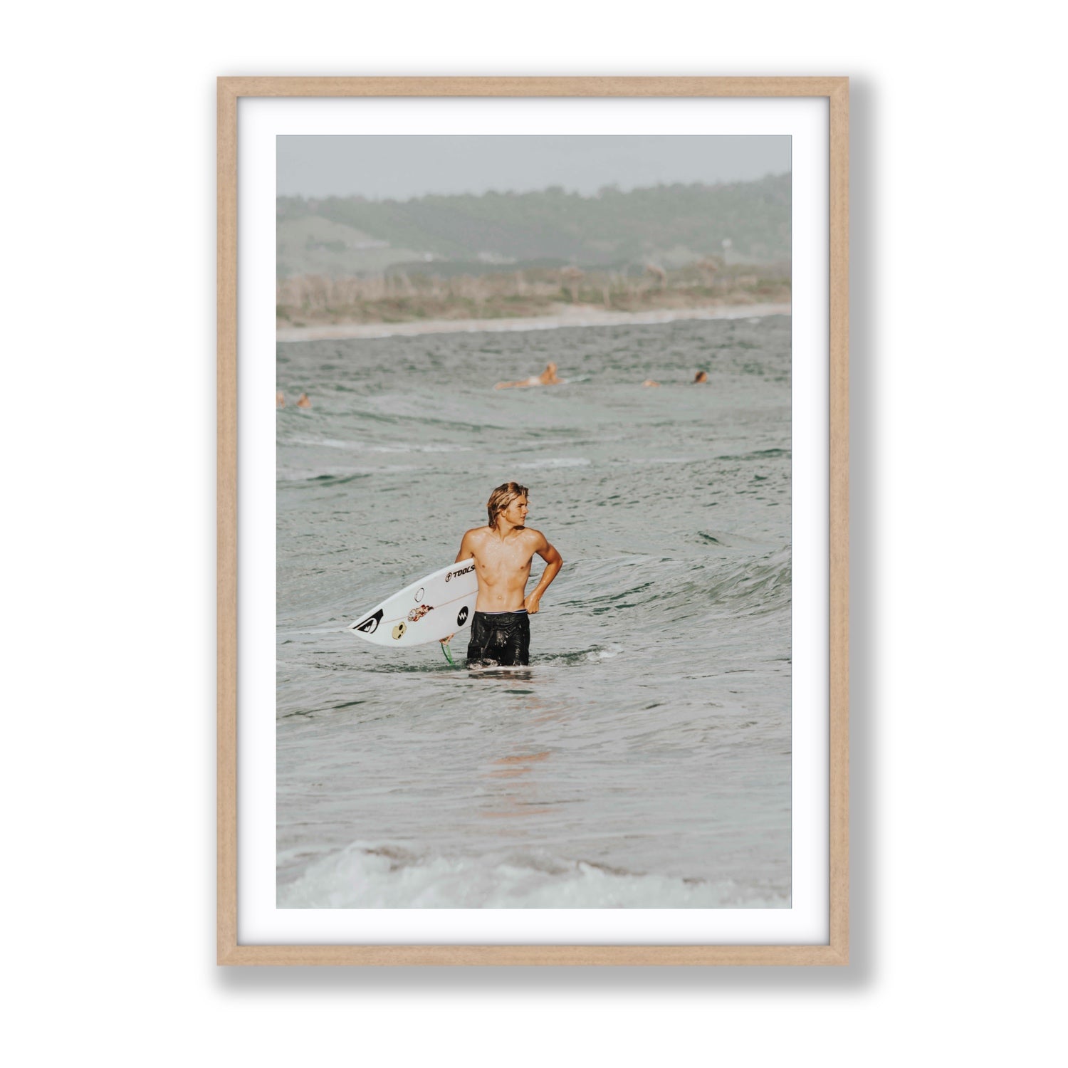 Chasing Mavericks Byron Bay Surf coastal wall art Gallery fine art print in natural oak frame with matboard