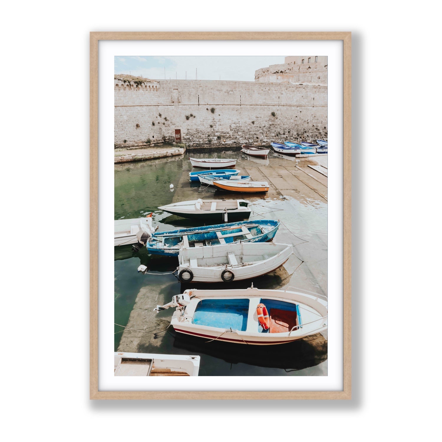 Harbour Palette Puglia coastal photography wall art Gallery fine art print in natural oak frame with matboard