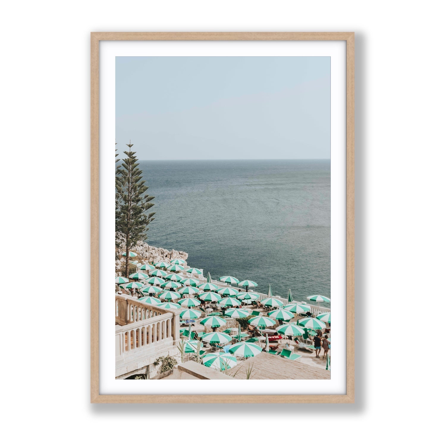 Sun-drenched Stripes Puglia beach coastal wall art Gallery fine art print in natural oak frame with matboard