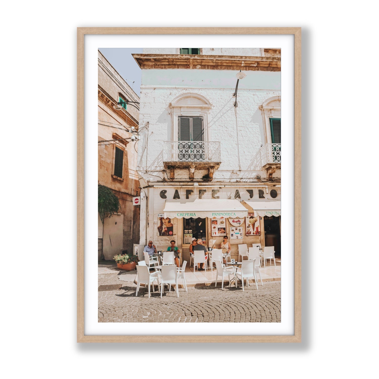 Cafe Ostuni Puglia Café Ostuni Italian wall art Gallery fine art print in natural oak frame with matboard