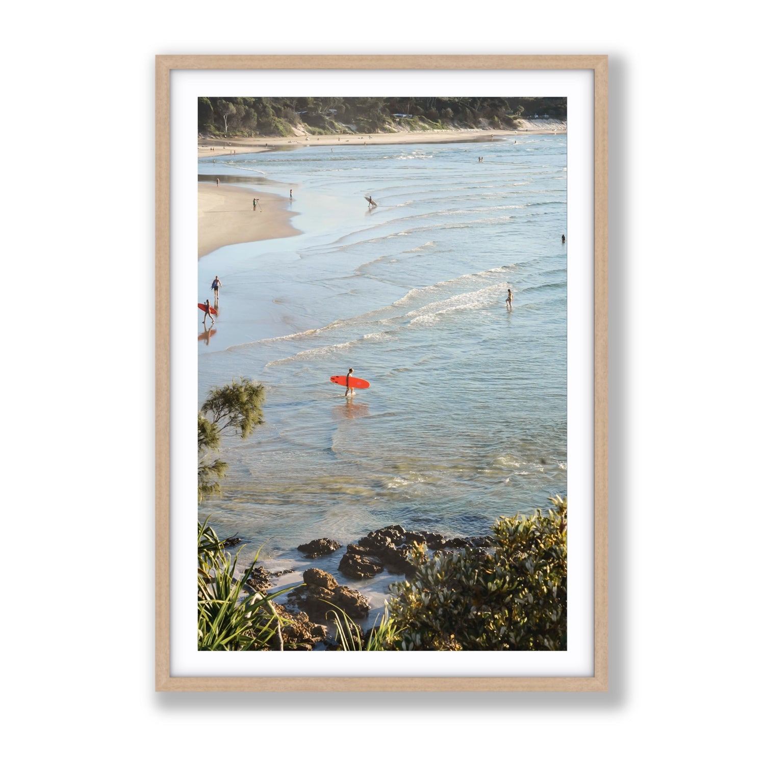 Seclusion Byron Bay Surf coastal wall art Gallery fine art print in natural oak frame with matboard