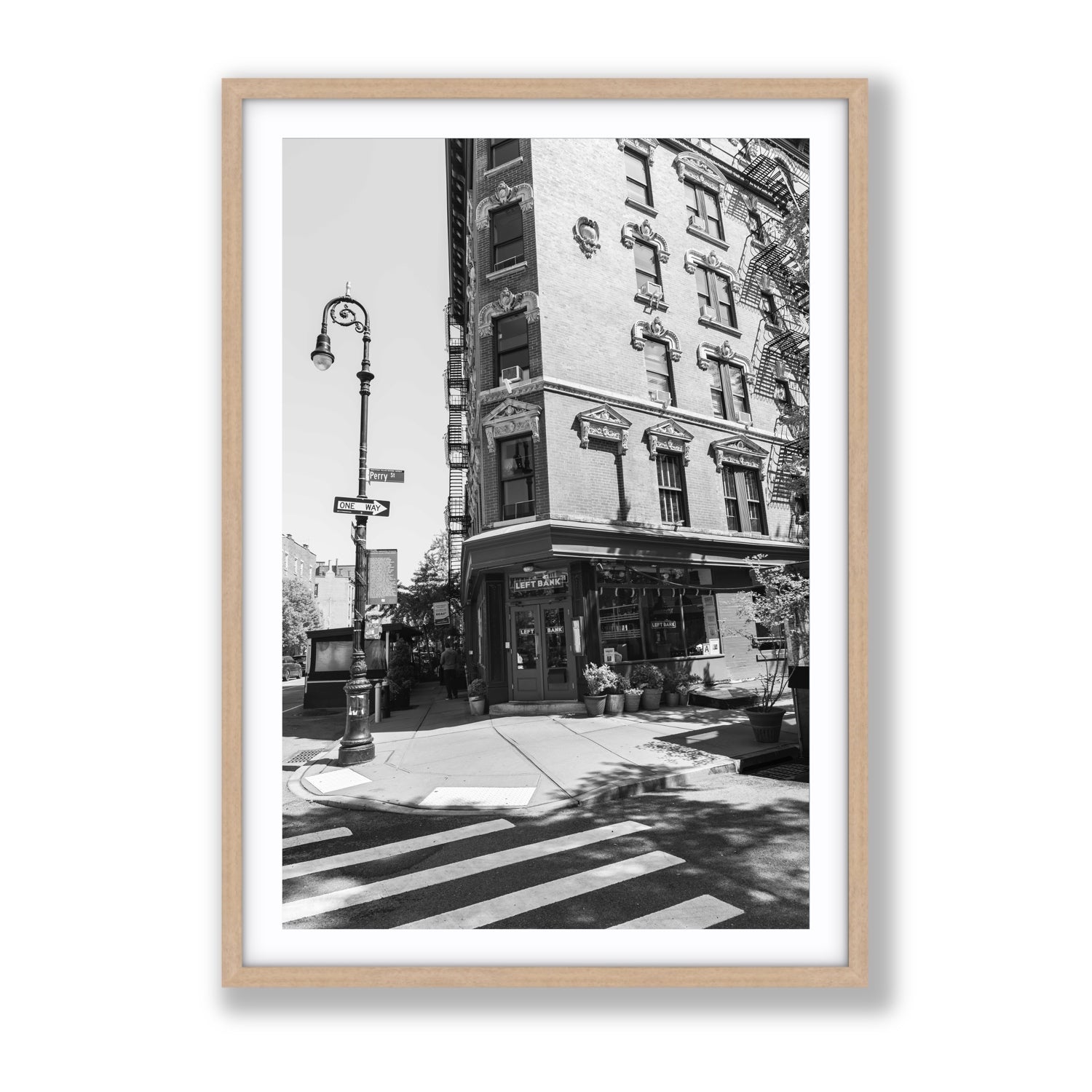Parisian On Perry New York NYC Black & White wall art Gallery fine art print in natural oak frame with matboard
