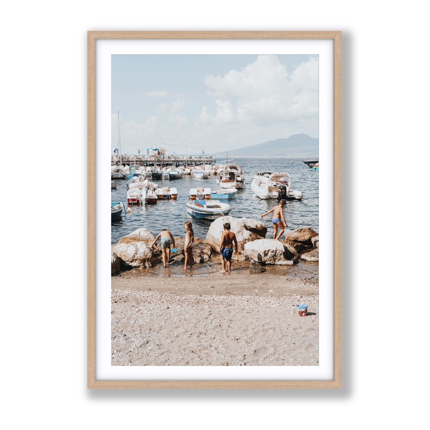 Searching For Treasures Sorrento coastal wall art Gallery fine art print in natural oak frame with matboard