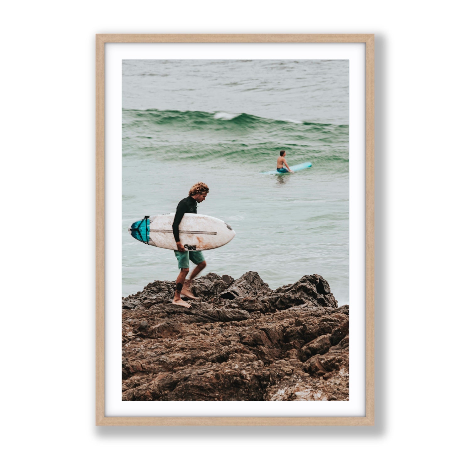 Not All Who Wander Are Lost Byron Bay Surf wall art Gallery fine art print in natural oak frame with matboard