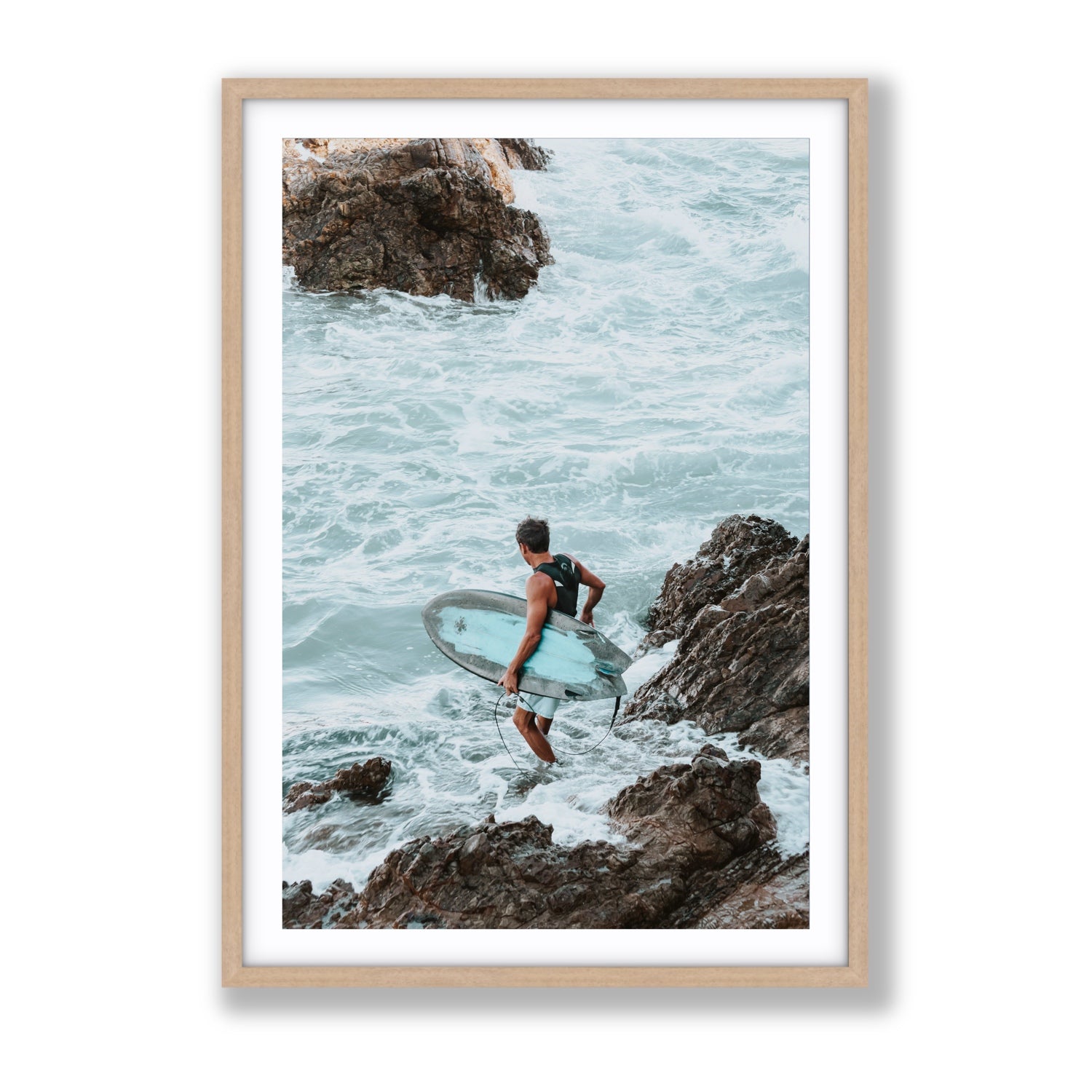 Into The Soup Byron Bay Surf coastal wall art Gallery fine art print in natural oak frame with matboard
