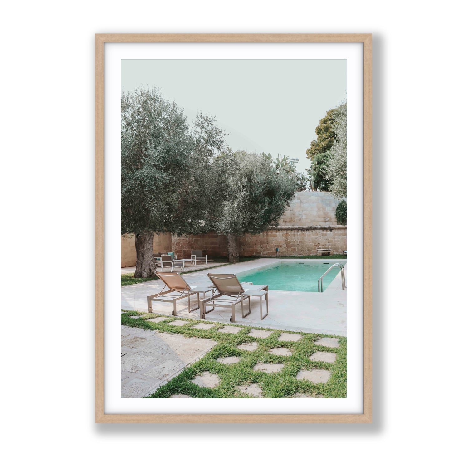 Olive Oasis Puglia Mediterranean wall art Gallery fine art print in natural oak frame with matboard