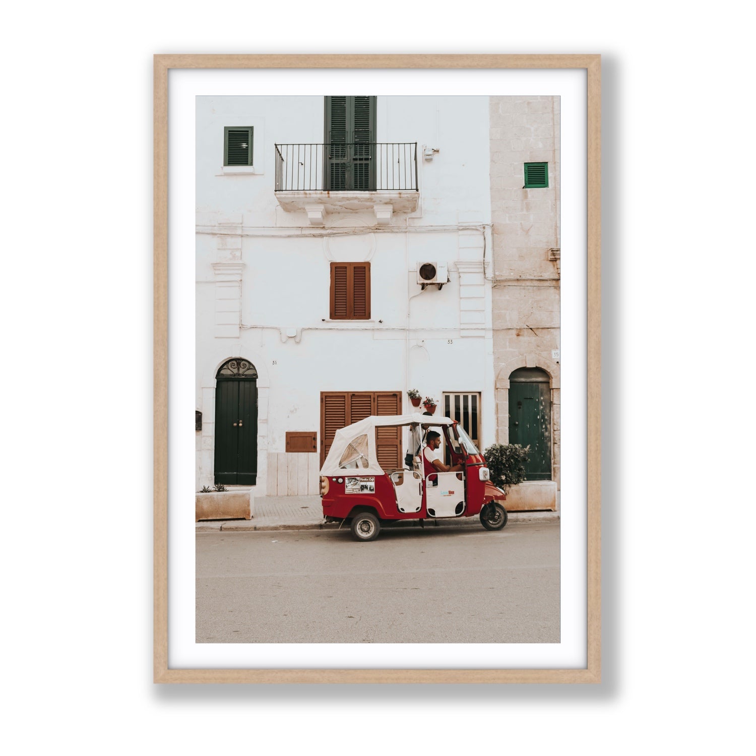 Groovy Piaggio Puglia Italian wall art Gallery fine art print in natural oak frame with matboard