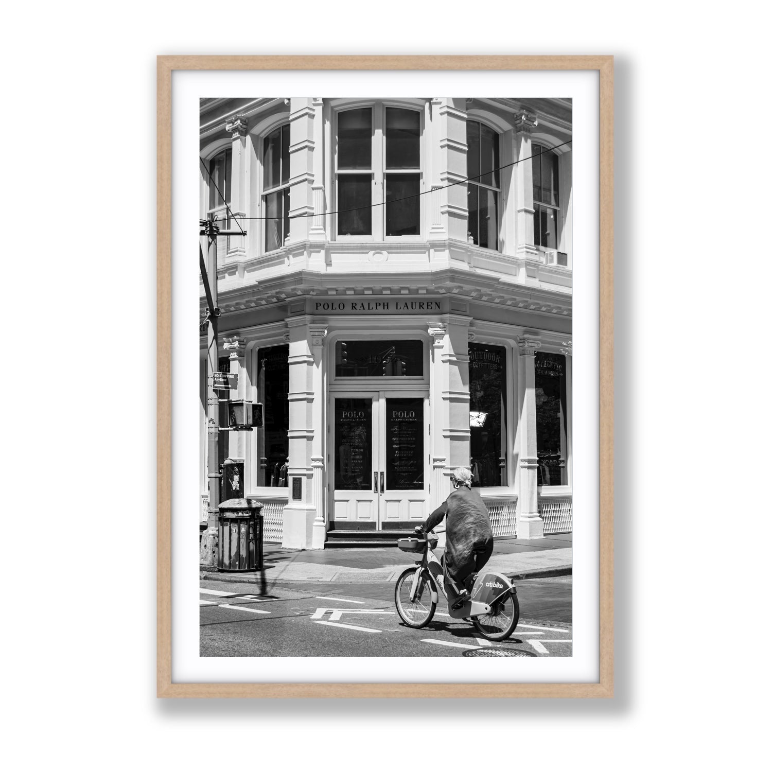 Downtown Rider New York NYC Black & White wall art Gallery fine art print in natural oak frame with matboard