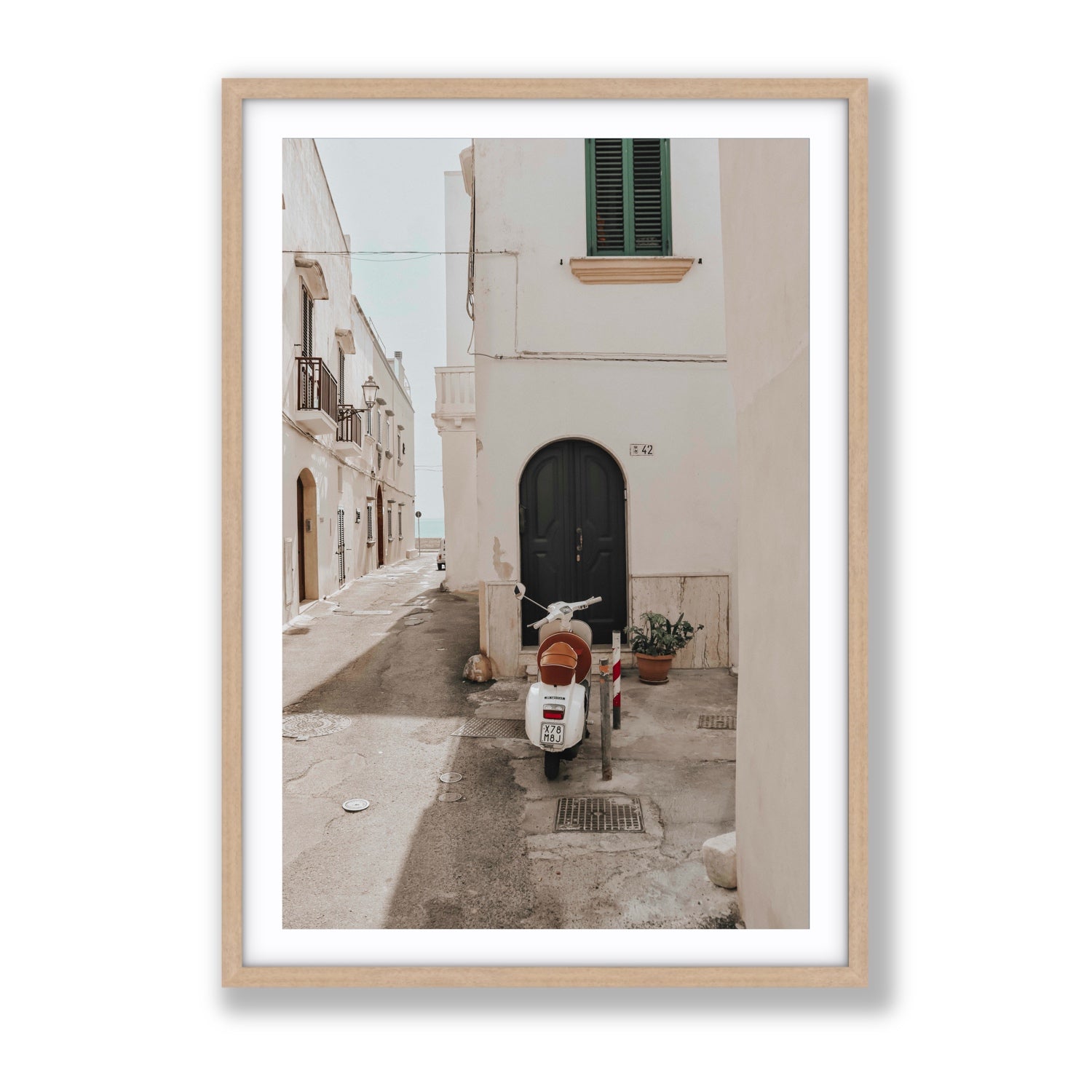 La Casa 42 Puglia Gallipoli Italian wall art Gallery fine art print in natural oak frame with matboard