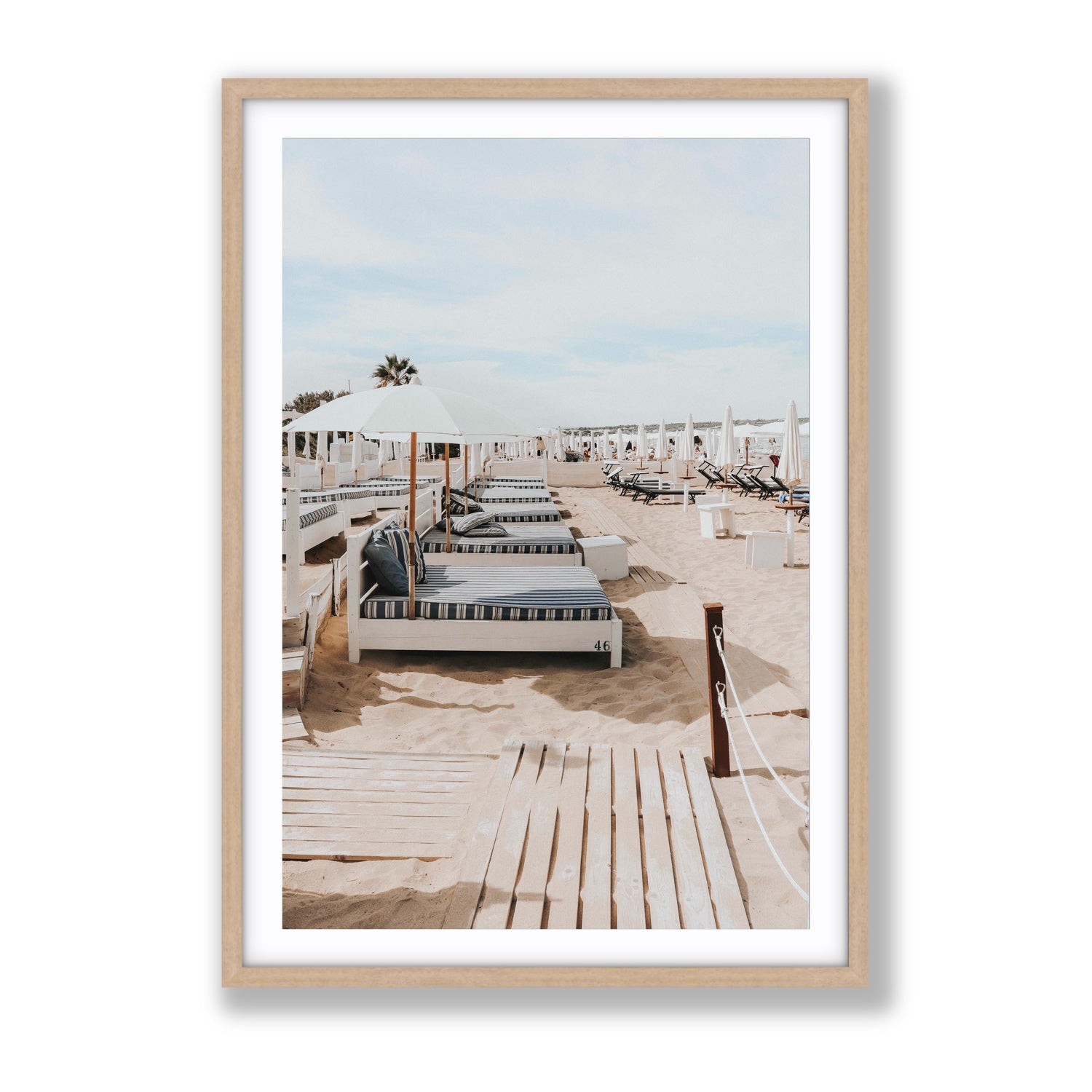 Coastal Repose Puglia beach Mediterranean fine art print Gallery fine art print in natural oak frame with matboard