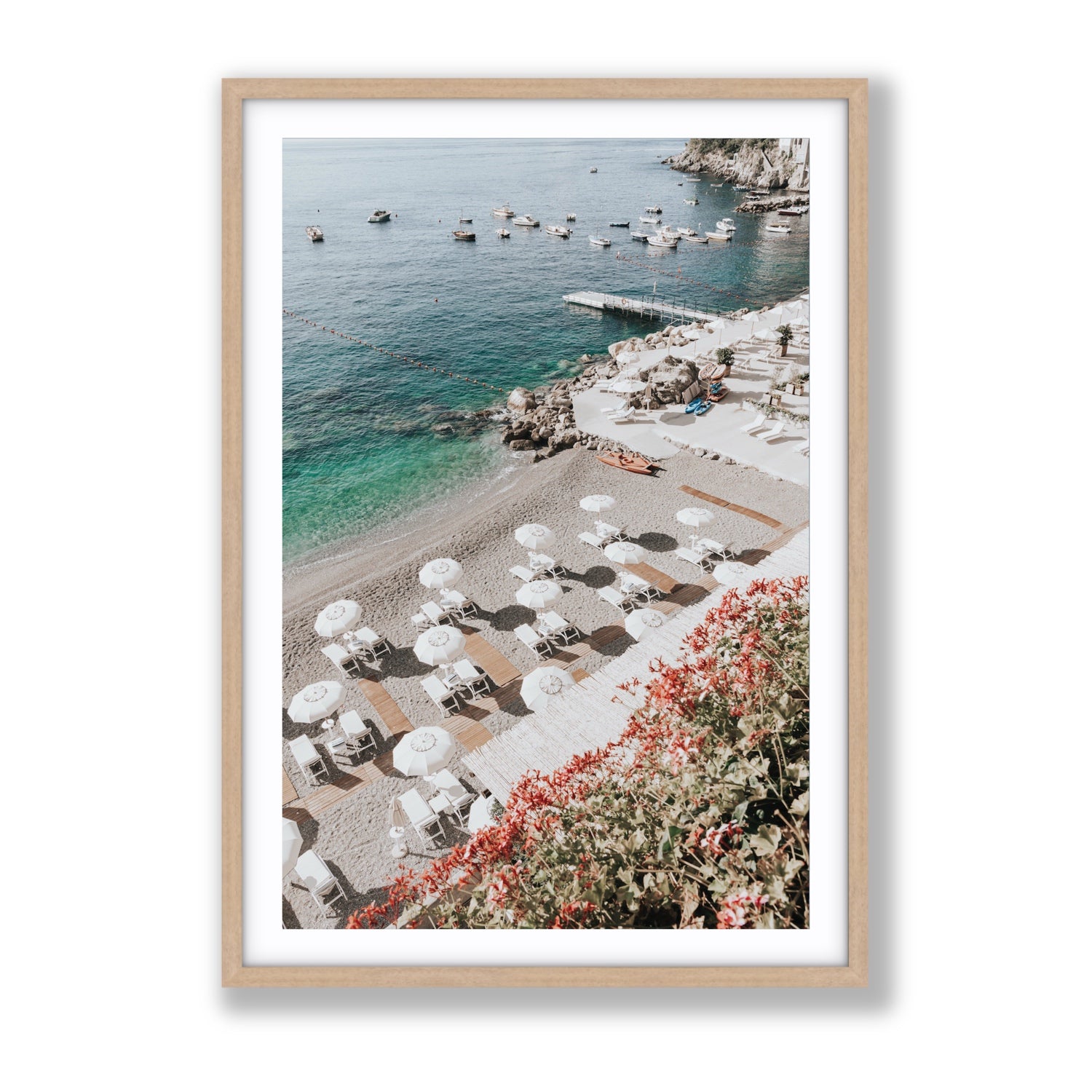 Tranquil Oasis Amalfi coastal wall art Gallery fine art print in natural oak frame with matboard